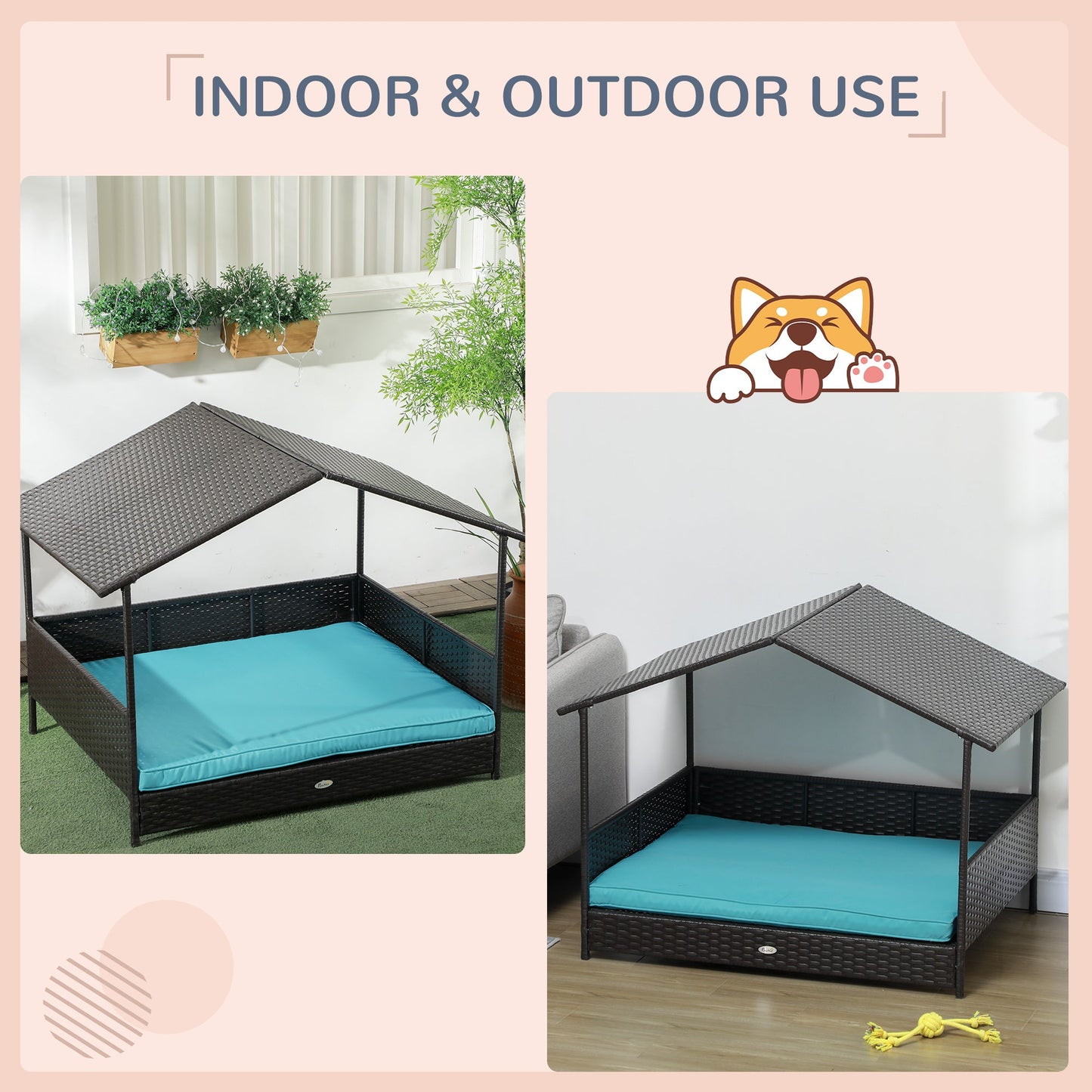Rattan Dog House Outdoor with Shade Canopy, Elevated Wicker Dog Bed with Soft Cushion Washable Cover, for Medium Large Dogs, Blue