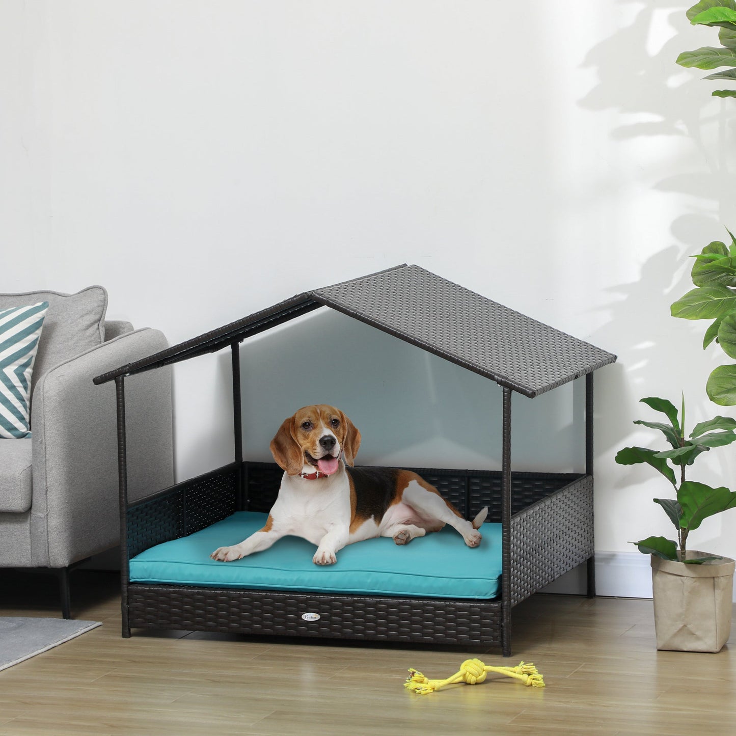 Rattan Dog House Outdoor with Shade Canopy, Elevated Wicker Dog Bed with Soft Cushion Washable Cover, for Medium Large Dogs, Blue