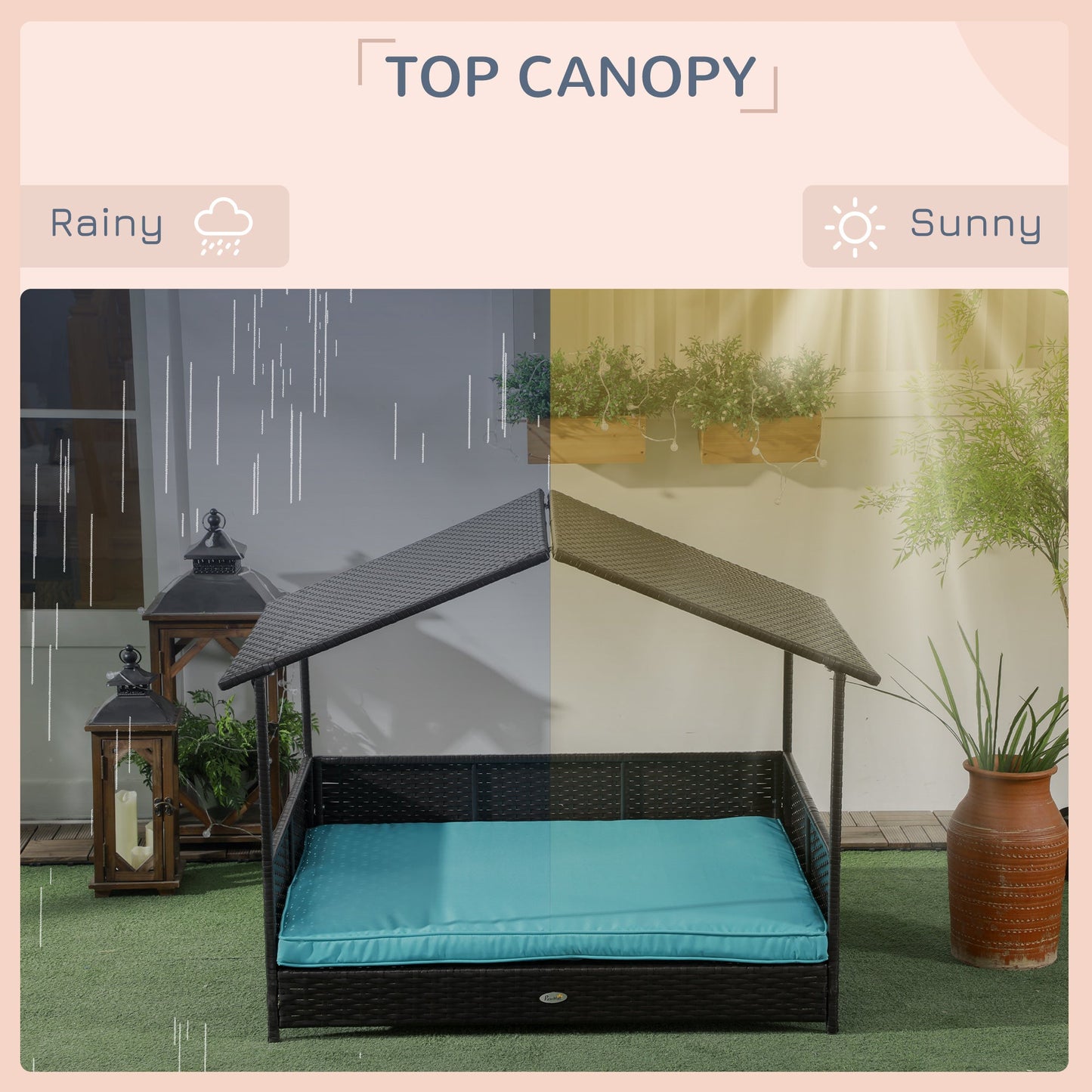 Rattan Dog House Outdoor with Shade Canopy, Elevated Wicker Dog Bed with Soft Cushion Washable Cover, for Medium Large Dogs, Blue
