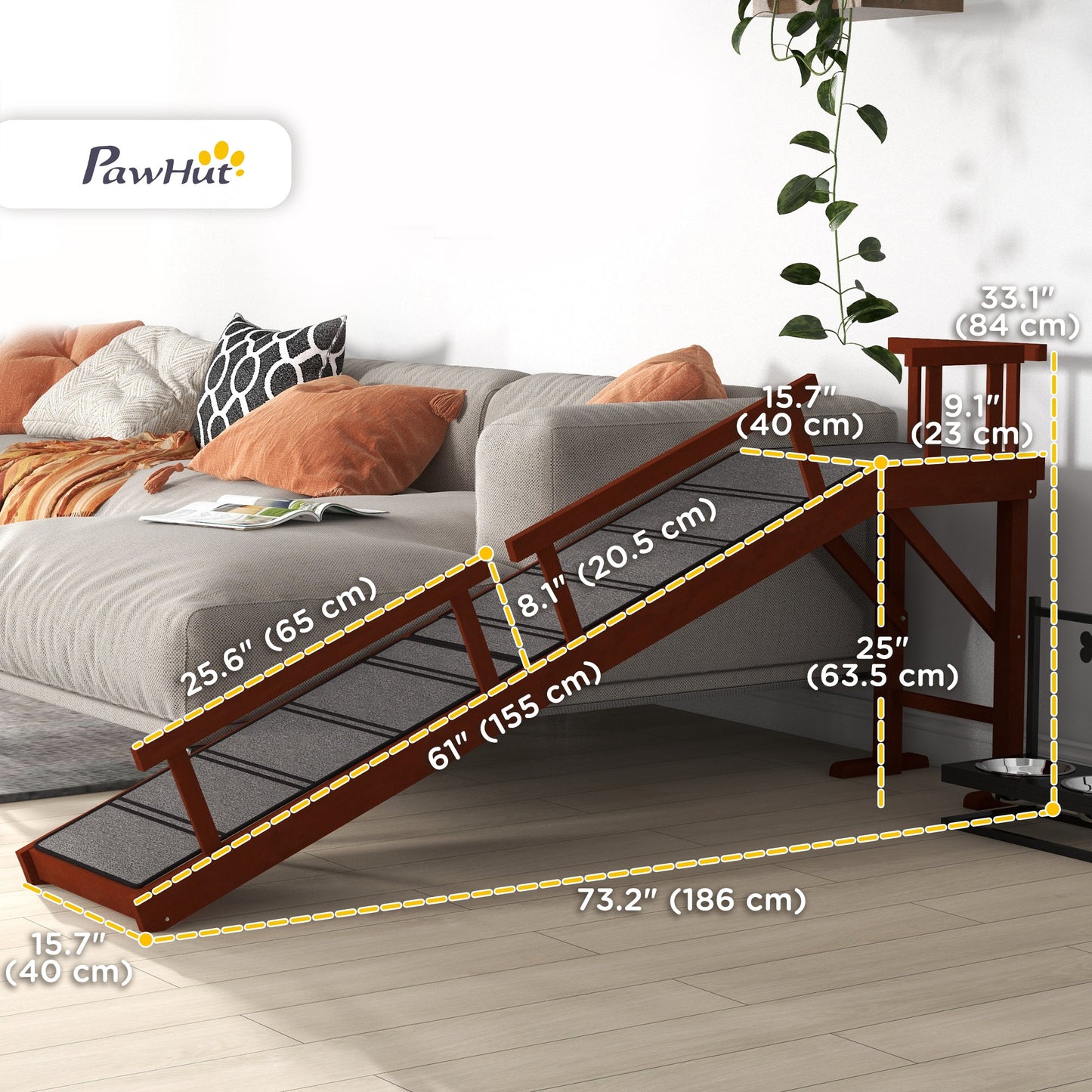 Wooden Dog Ramp for Large Dogs, 73" Long Pet Ramp with Non-slip Rug, Removable Guardrails, Dog Stairs for Couch, Bed, Brown