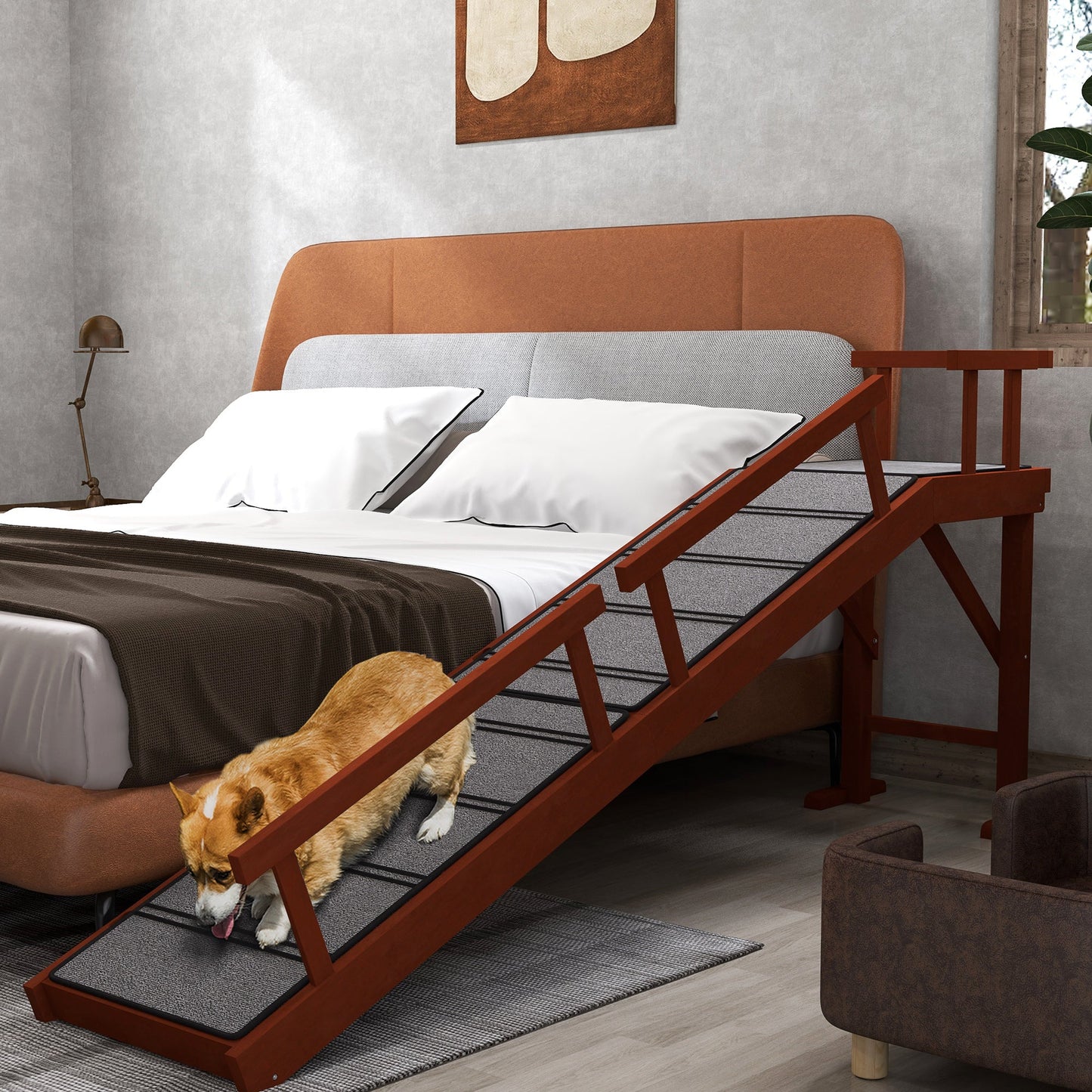 Wooden Dog Ramp for Large Dogs, 73" Long Pet Ramp with Non-slip Rug, Removable Guardrails, Dog Stairs for Couch, Bed, Brown