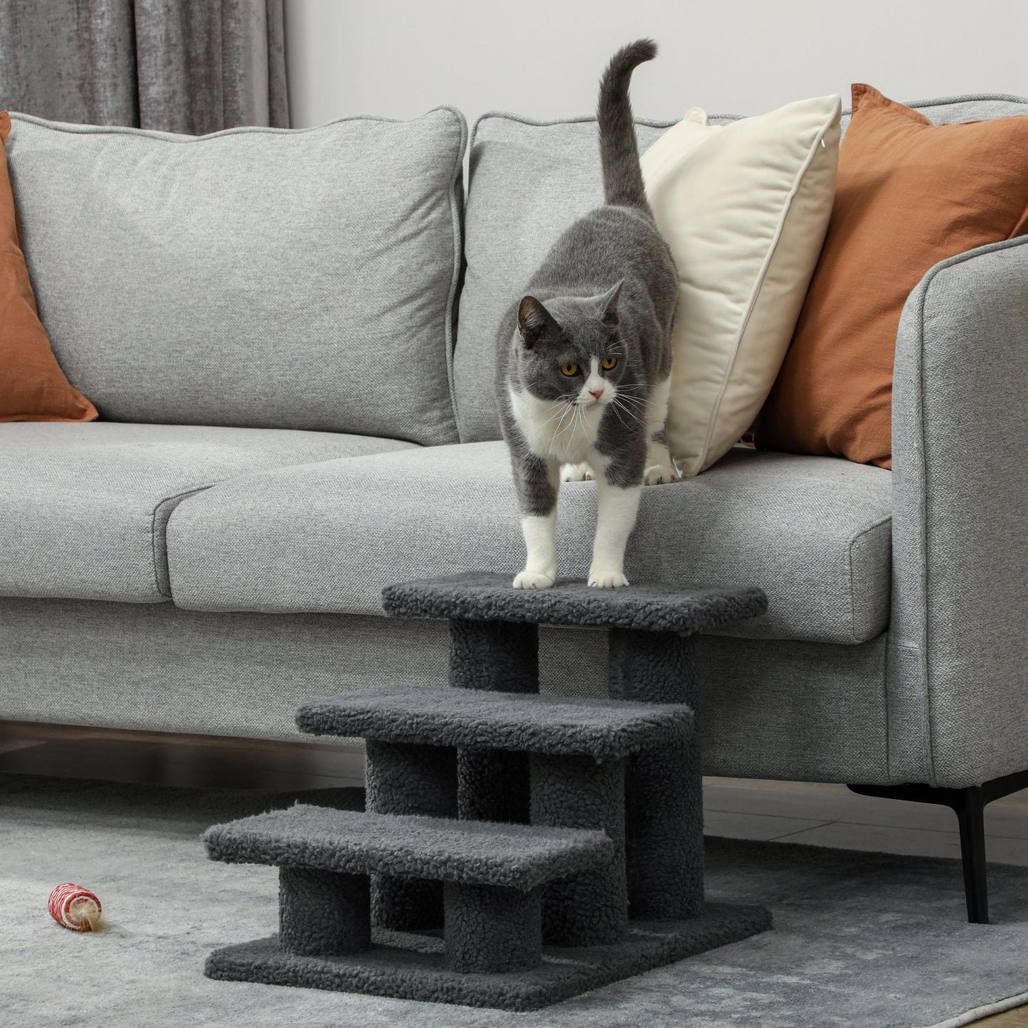 3-Step Multi-Level Carpeted Cat Scratching Post Pet Stairs, Dark Grey