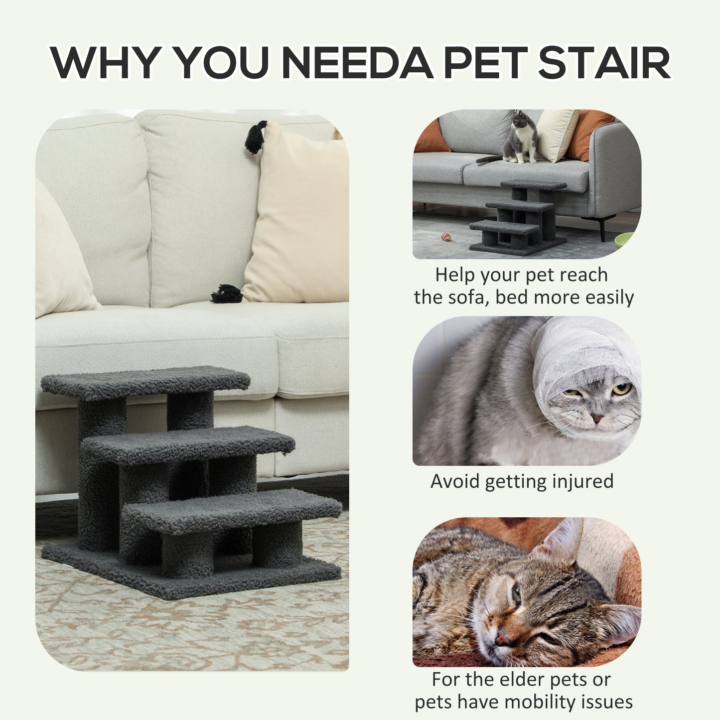 3-Step Multi-Level Carpeted Cat Scratching Post Pet Stairs, Dark Grey