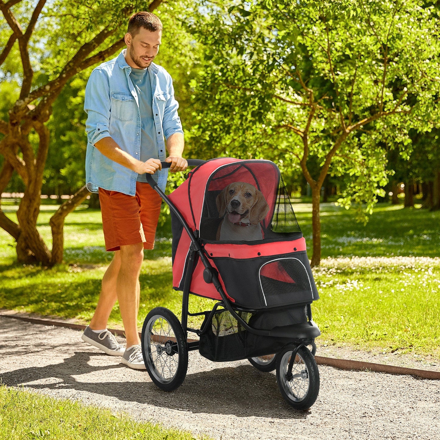 Pet Stroller for Small and Medium Dogs, 3 Big Wheels Cat Stroller Travel Folding Carrier with Adjustable Canopy, Safety Tether, Storage Basket, Red
