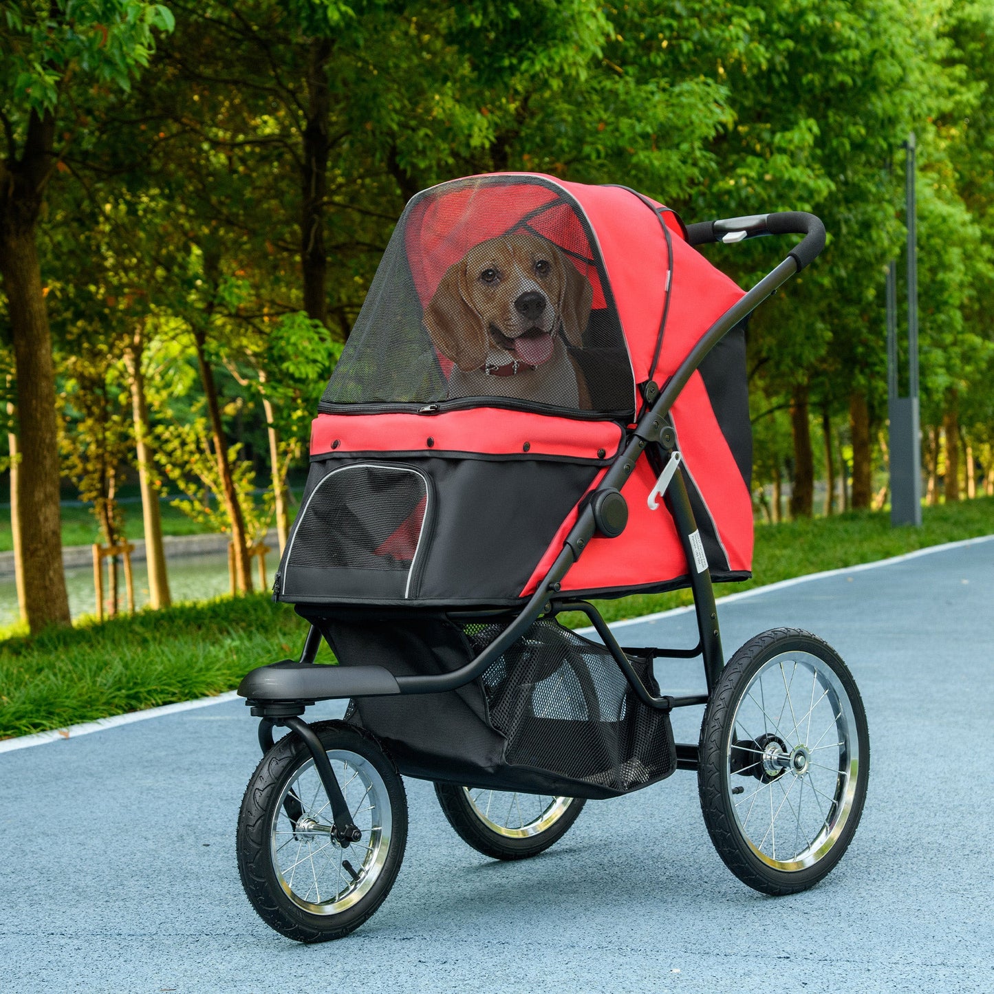 Pet Stroller for Small and Medium Dogs, 3 Big Wheels Cat Stroller Travel Folding Carrier with Adjustable Canopy, Safety Tether, Storage Basket, Red
