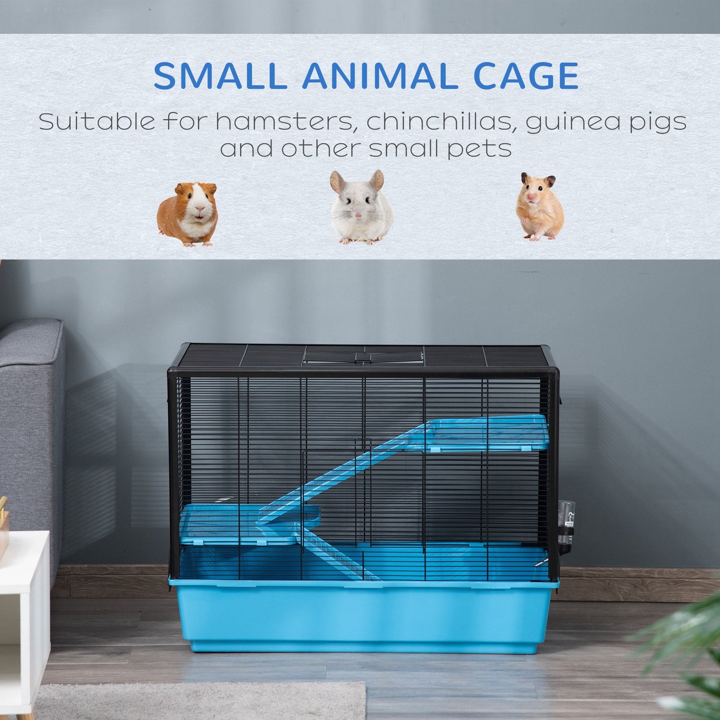 3-Tier Hamster Cage, Guinea Pig Cage, Pet Chinchillas Play House Indoor with Accessories Food Dish Water Bottle, Ramps, 31.5"x19"x 23", Light Blue