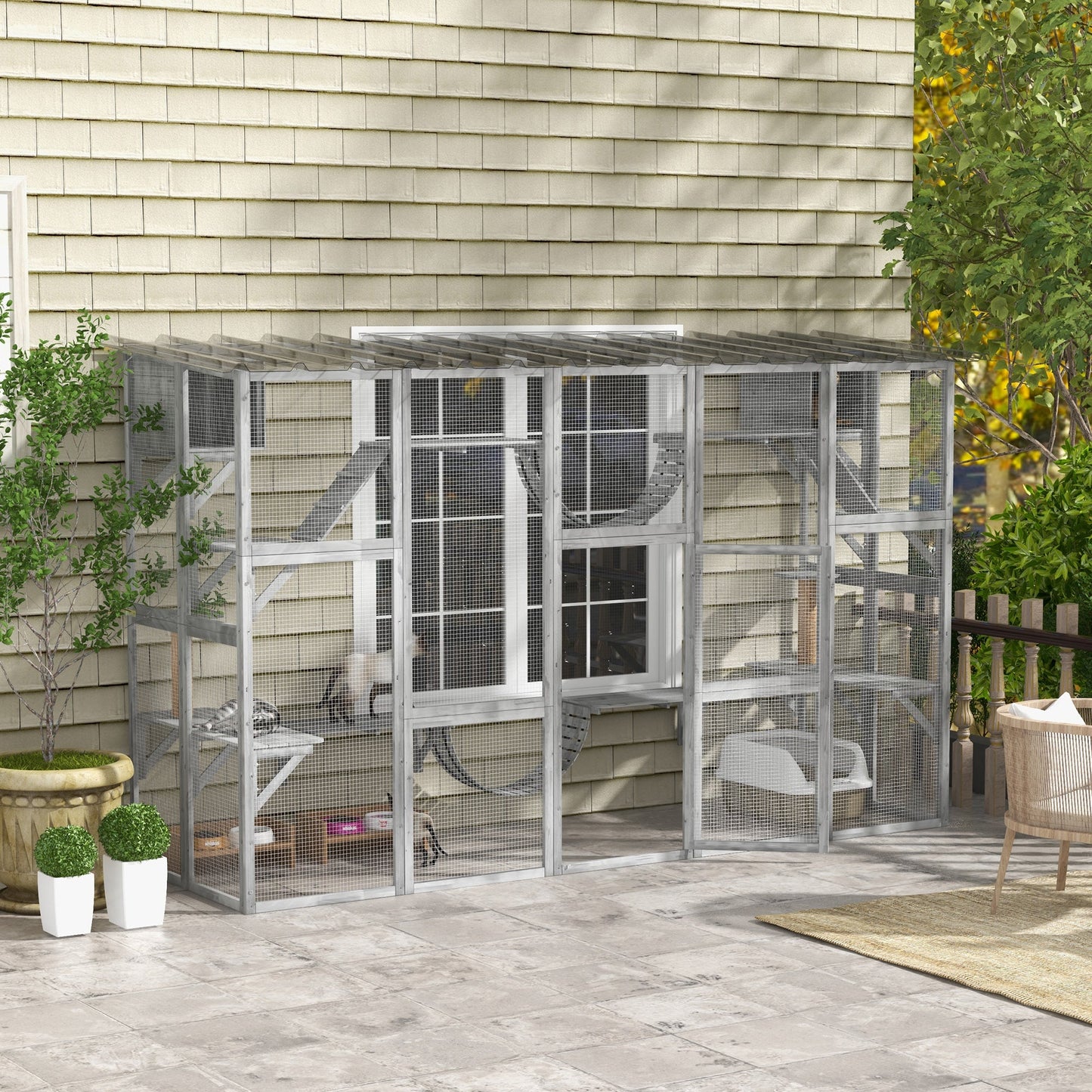 Catio, Large Outdoor Cat Enclosure with Cat Condos, Platforms, Ladders, Doors, Weather-Resistant Roof, Wooden Cat Cage for 1-4 Cats, Grey