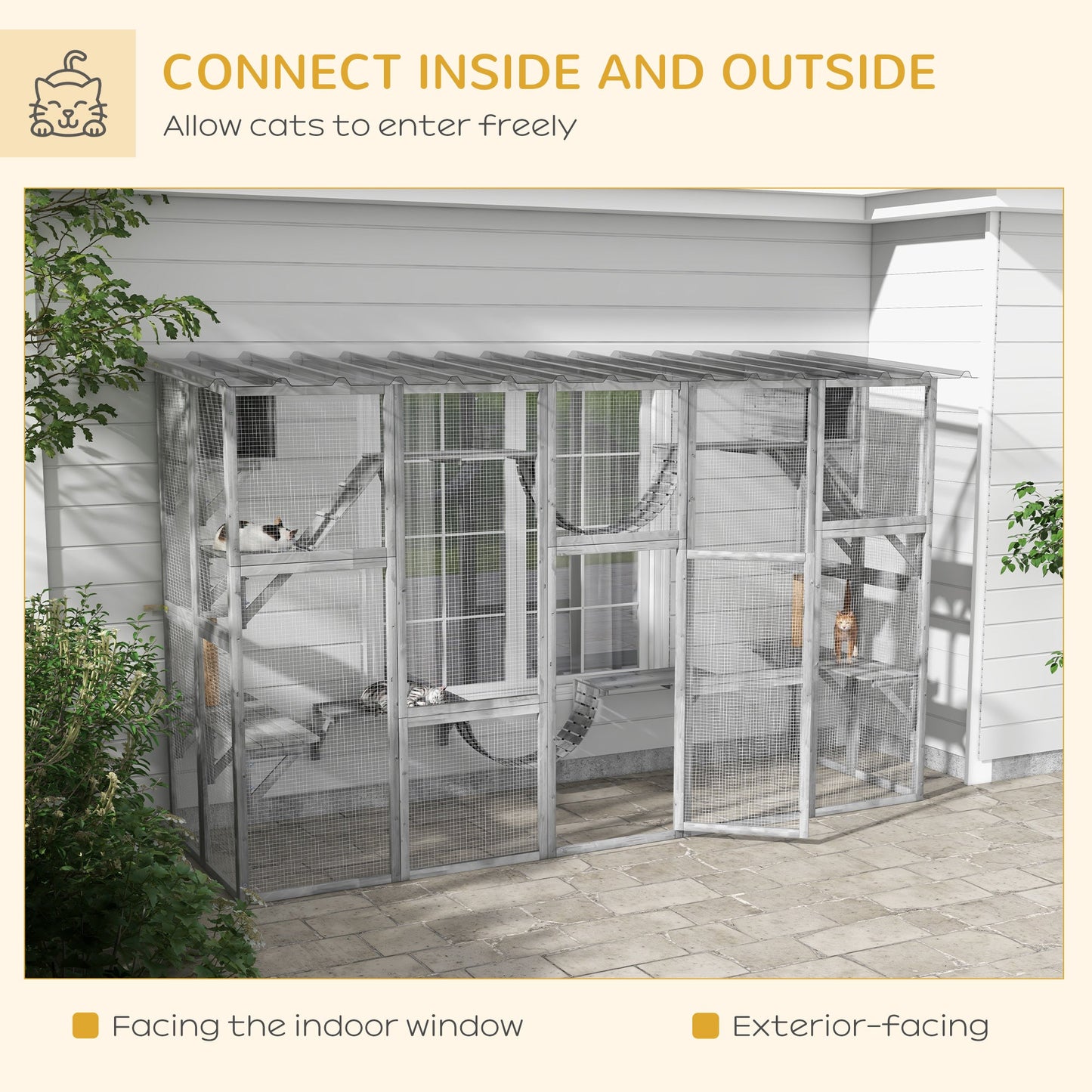 Catio, Large Outdoor Cat Enclosure with Cat Condos, Platforms, Ladders, Doors, Weather-Resistant Roof, Wooden Cat Cage for 1-4 Cats, Grey
