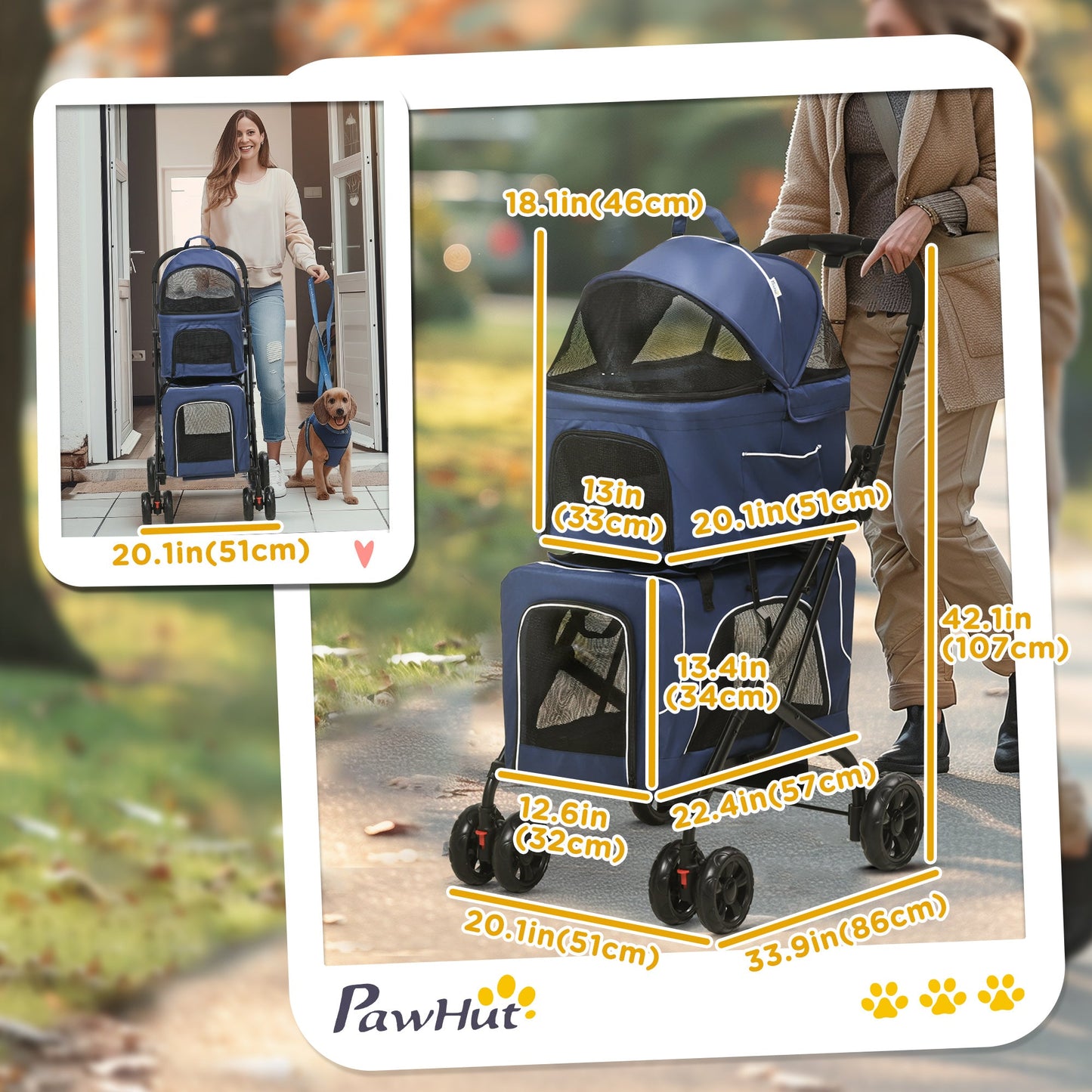 3-in-1 Double Pet Stroller for Small Miniature Dogs Cats with Removable Carrier, Foldable Travel Carrier Bag, Car Seat, Blue