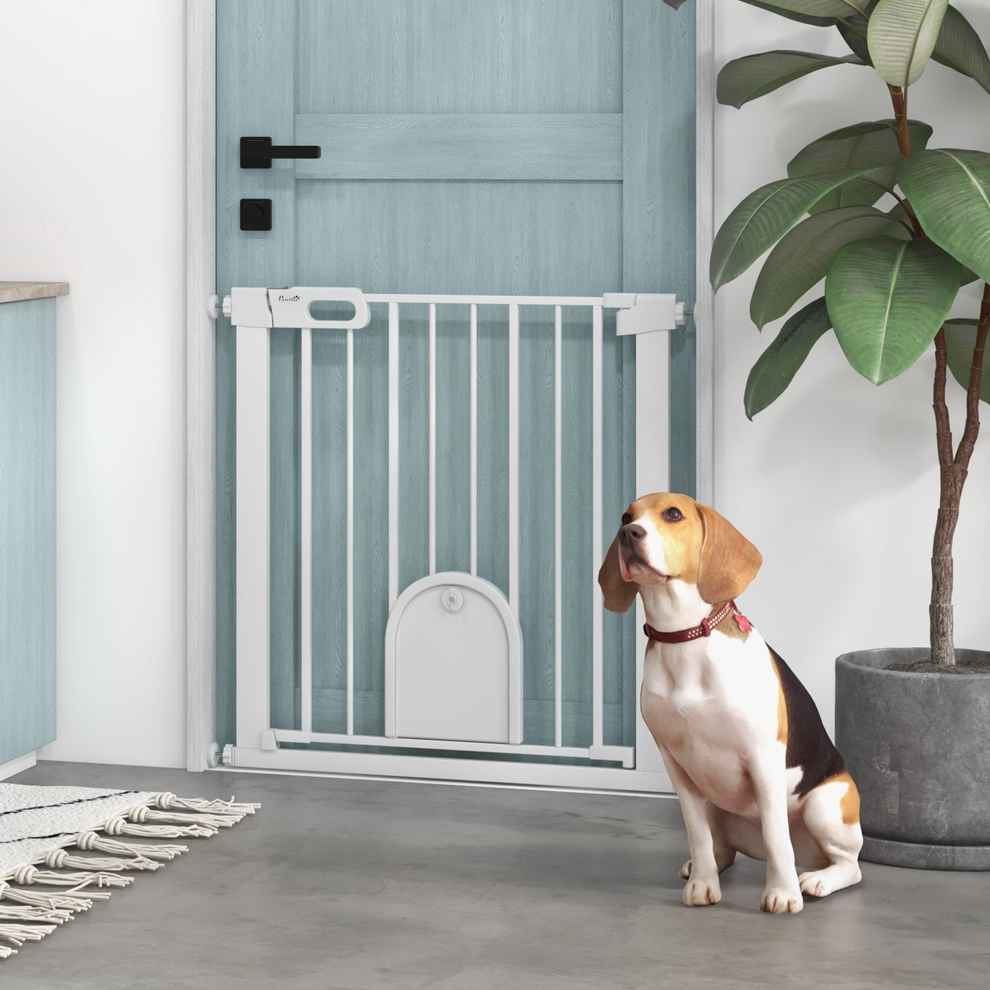 30"-32" Extra Wide Pet Gate with Small Door, 30"H Dog Gate with Safety Gate Barrier, Stair Pressure Fit, Auto Close, Double Locking, for Doorways, Hallways, White