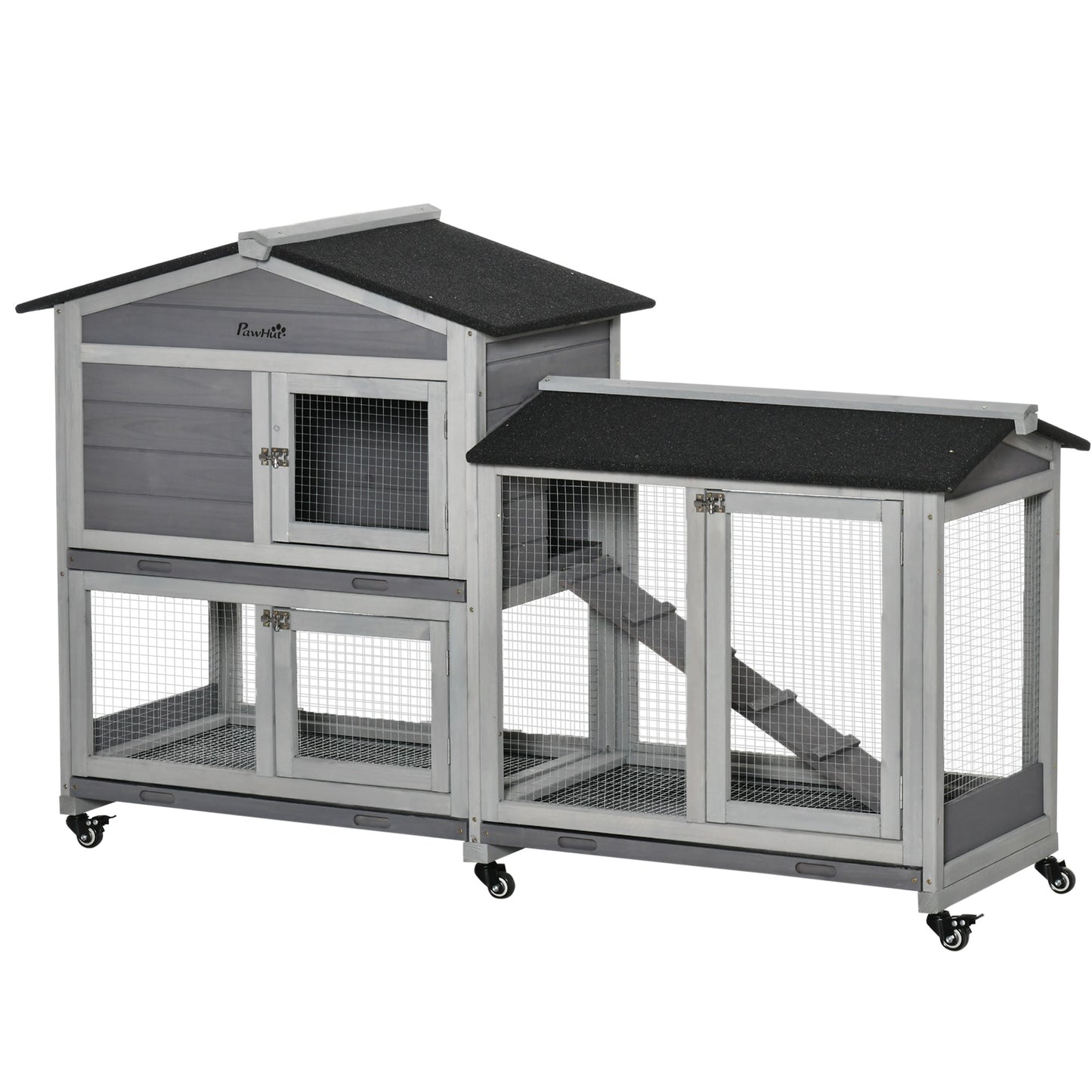 62" Wooden Rabbit Hutch, Bunny Cage with Wheels, Run Box, Tray, Ramp for Small Animals, Guinea Pig, Indoor Outdoor Use, Light Grey