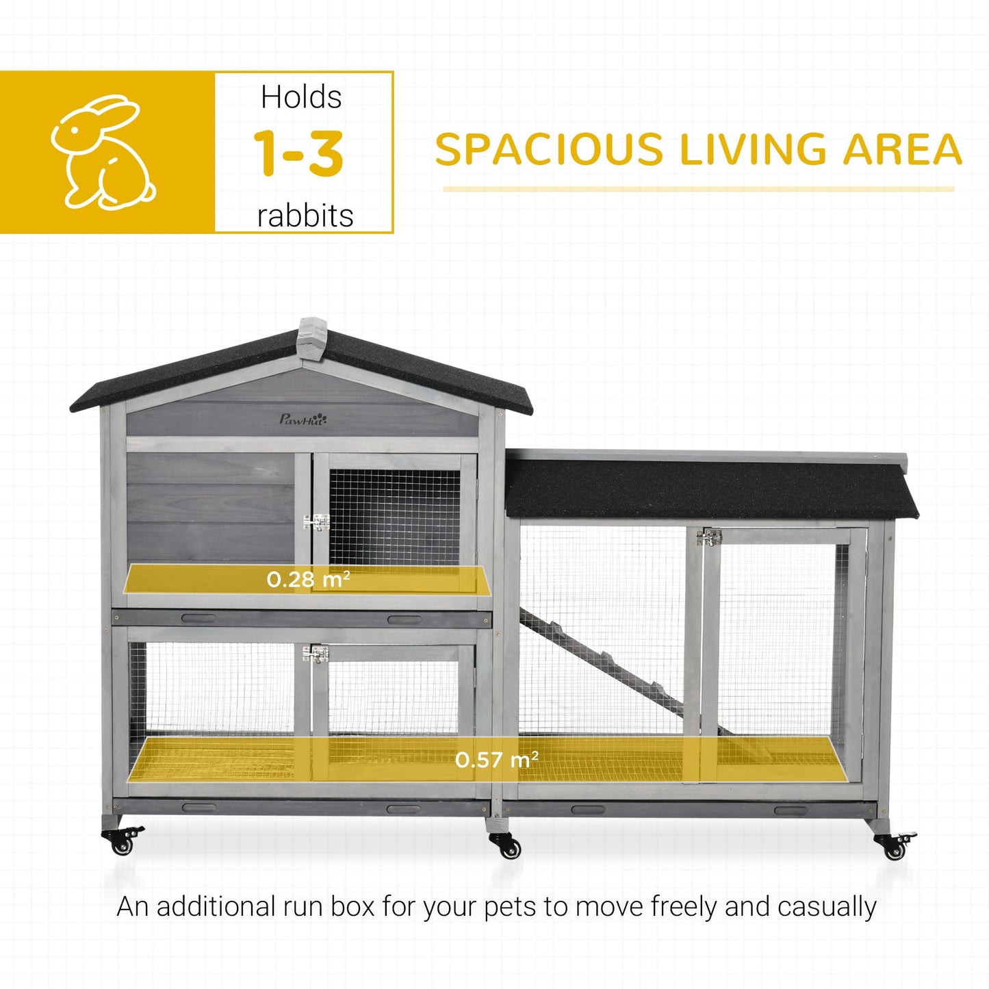 62" Wooden Rabbit Hutch, Bunny Cage with Wheels, Run Box, Tray, Ramp for Small Animals, Guinea Pig, Indoor Outdoor Use, Light Grey