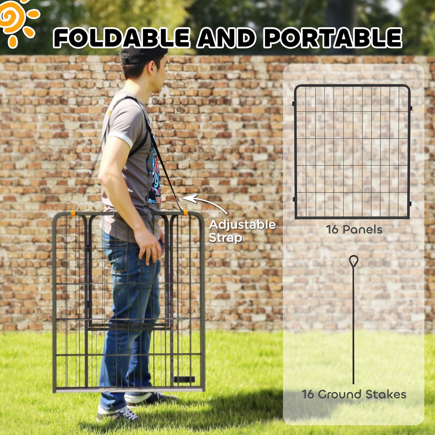 16 Panels Dog Playpen, 27"W x 31.5"H Heavy Duty Pet Fence with Door & Strap for Indoor Outdoor Backyard Garden, Portable & Foldable Puppy Pet Pen for Medium Dogs