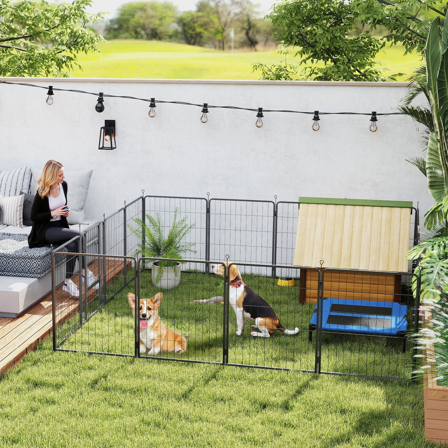 16 Panels Dog Playpen, 27"W x 31.5"H Heavy Duty Pet Fence with Door & Strap for Indoor Outdoor Backyard Garden, Portable & Foldable Puppy Pet Pen for Medium Dogs