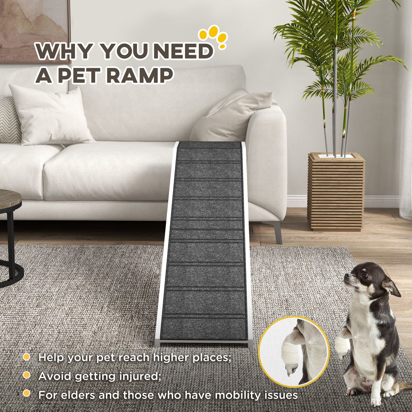 Pet Ramp Bed Steps for Dogs Cats Non-slip Carpet Top Platform Pine Wood 74"L x 16"W x 25"H White