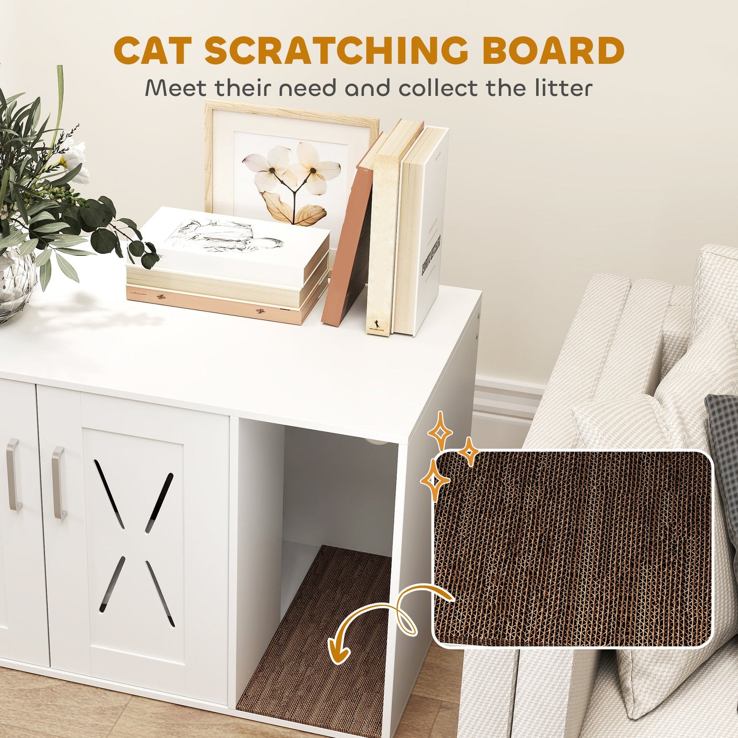 Cat Litter Box Enclosure, Hidden Cat Litter Box Furniture with Scratching Board, Cat House End Table Fit for Most Litter Box and Cats, 31.5" x 19" x 20", White