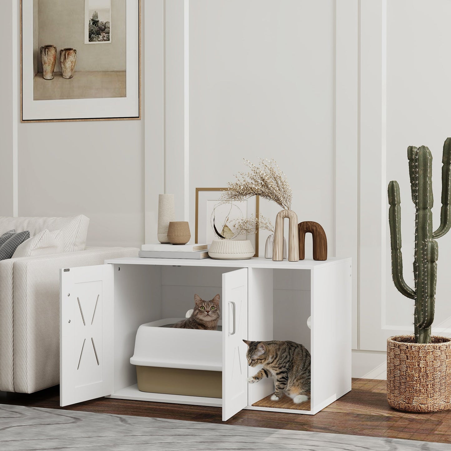 Cat Litter Box Enclosure, Hidden Cat Litter Box Furniture with Scratching Board, Cat House End Table Fit for Most Litter Box and Cats, 31.5" x 19" x 20", White