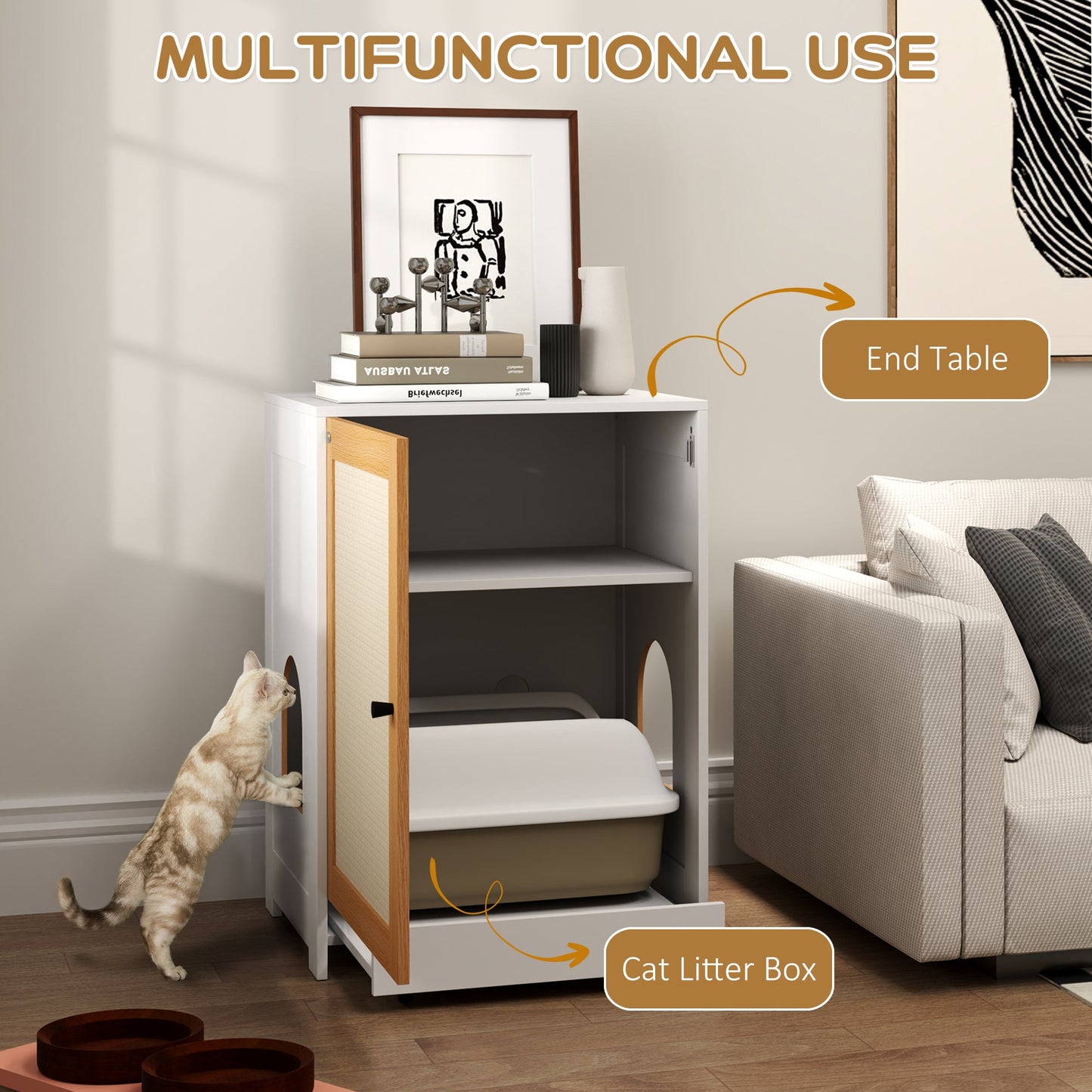 Cat Litter Box Enclosure, Hidden Litter Box Furniture with Pull-Out Tray, Indoor Cat Washroom with Storage Cabinet, Scratching Mat, Oak