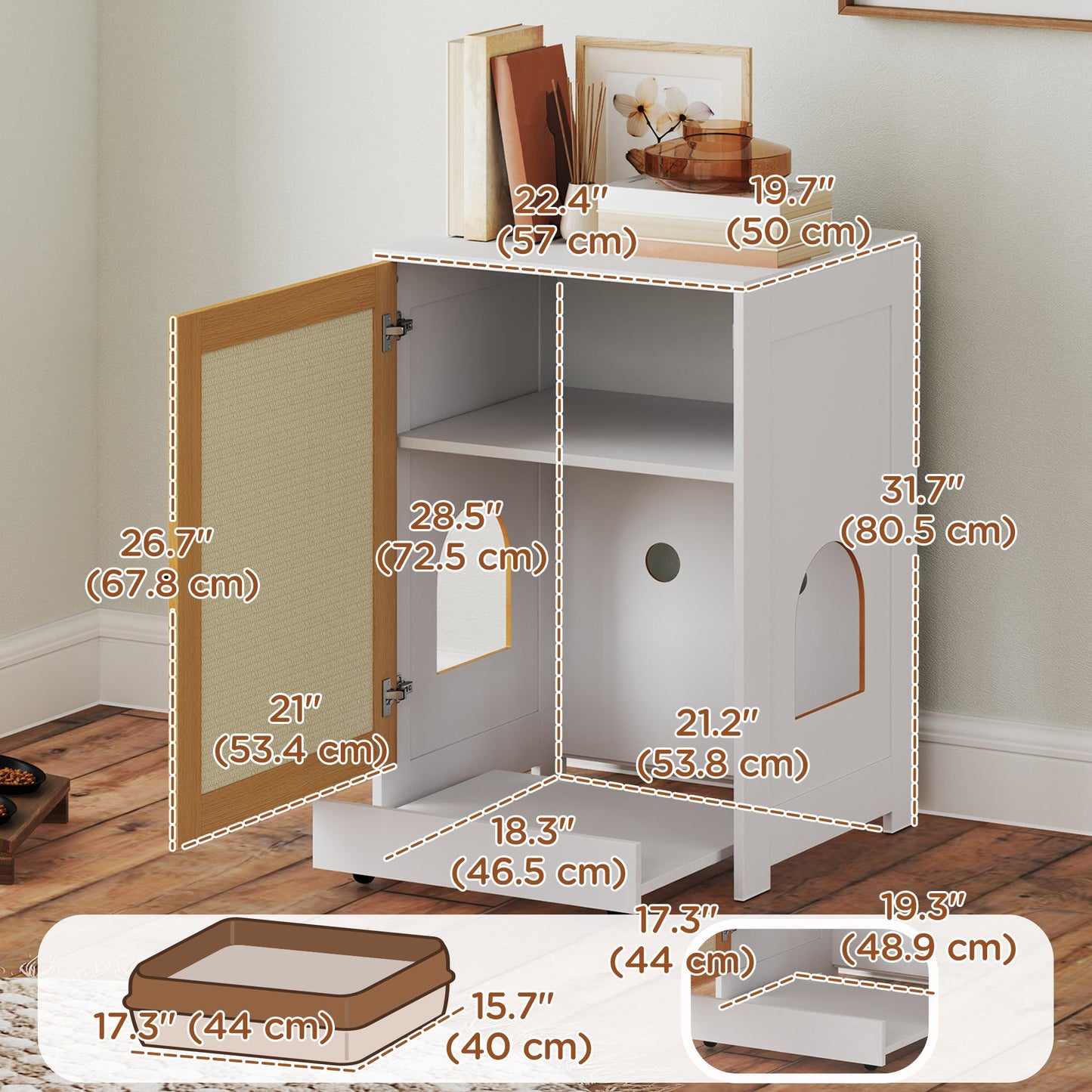 Cat Litter Box Enclosure, Hidden Litter Box Furniture with Pull-Out Tray, Indoor Cat Washroom with Storage Cabinet, Scratching Mat, Oak