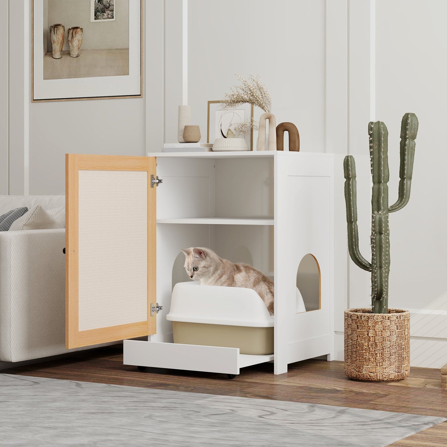 Cat Litter Box Enclosure, Hidden Litter Box Furniture with Pull-Out Tray, Indoor Cat Washroom with Storage Cabinet, Scratching Mat, Oak