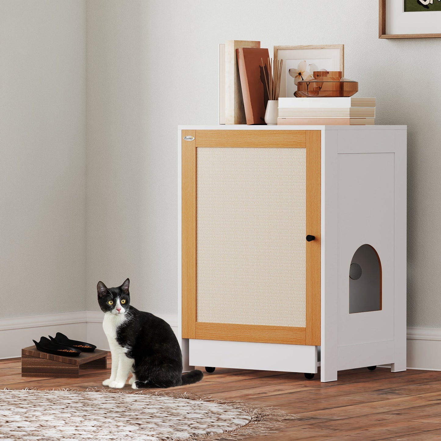 Cat Litter Box Enclosure, Hidden Litter Box Furniture with Pull-Out Tray, Indoor Cat Washroom with Storage Cabinet, Scratching Mat, Oak