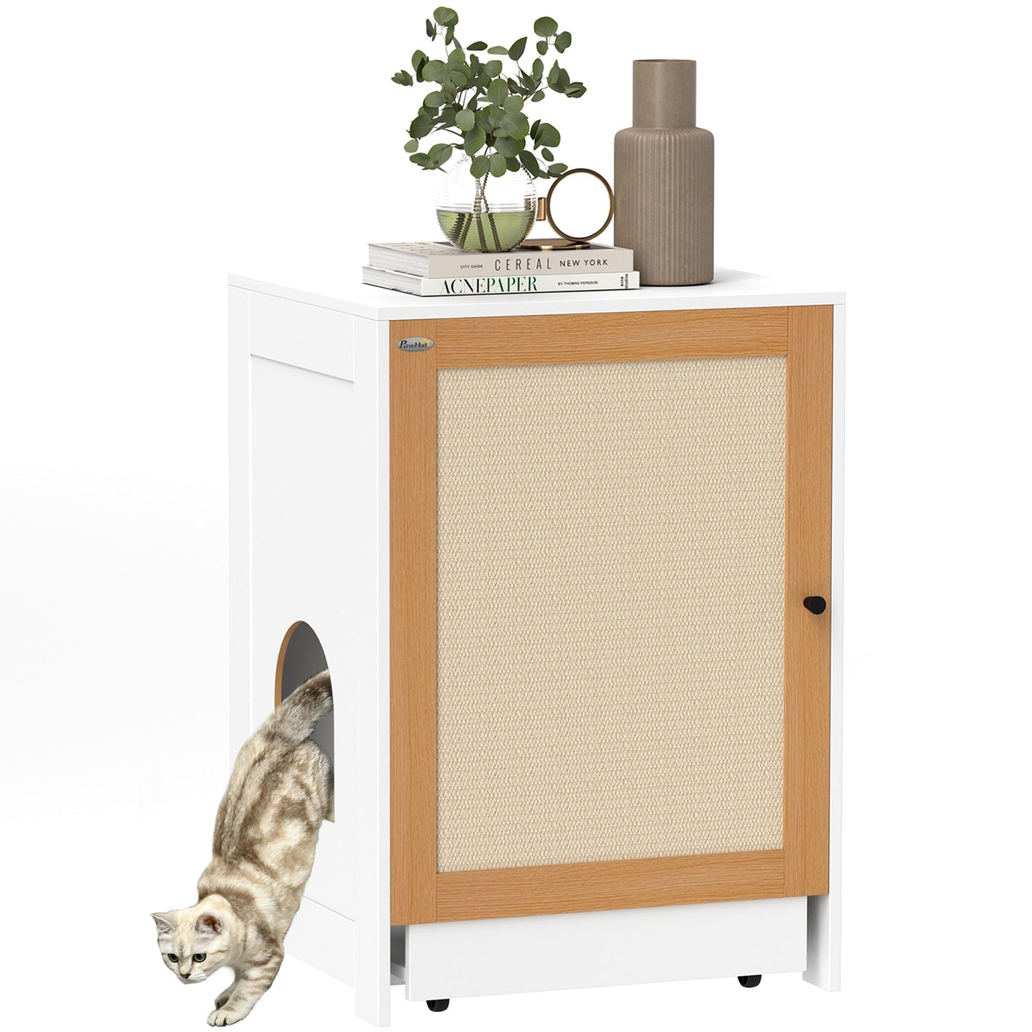 Cat Litter Box Enclosure, Hidden Litter Box Furniture with Pull-Out Tray, Indoor Cat Washroom with Storage Cabinet, Scratching Mat, Oak