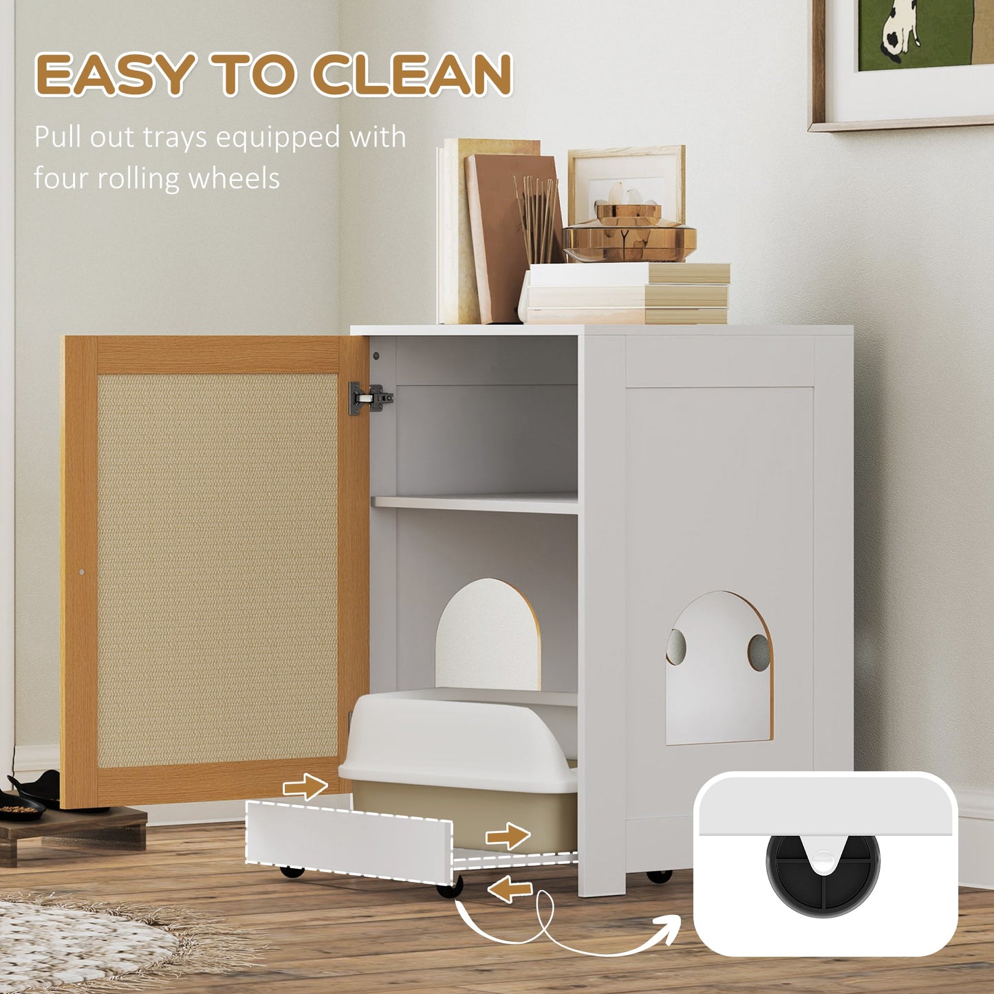 Cat Litter Box Enclosure, Hidden Litter Box Furniture with Pull-Out Tray, Indoor Cat Washroom with Storage Cabinet, Scratching Mat, Oak