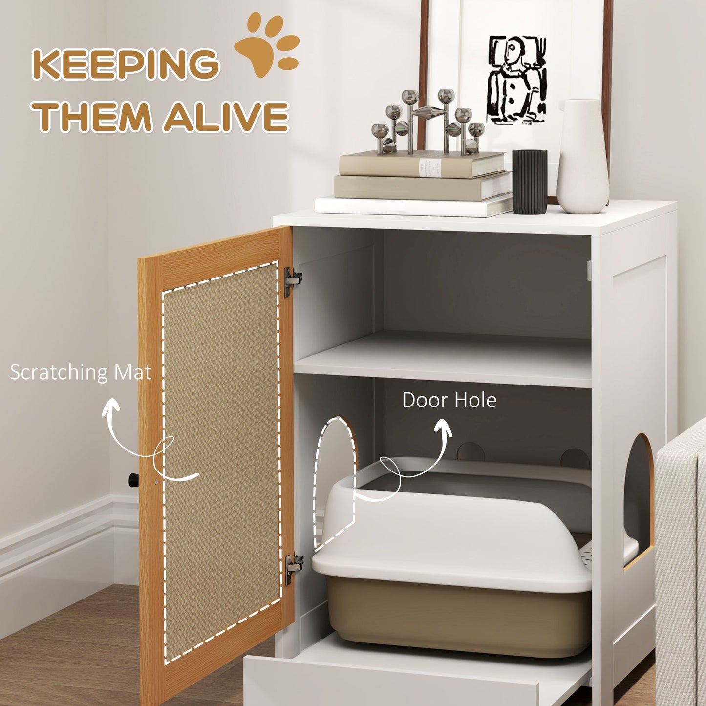Cat Litter Box Enclosure, Hidden Litter Box Furniture with Pull-Out Tray, Indoor Cat Washroom with Storage Cabinet, Scratching Mat, Oak