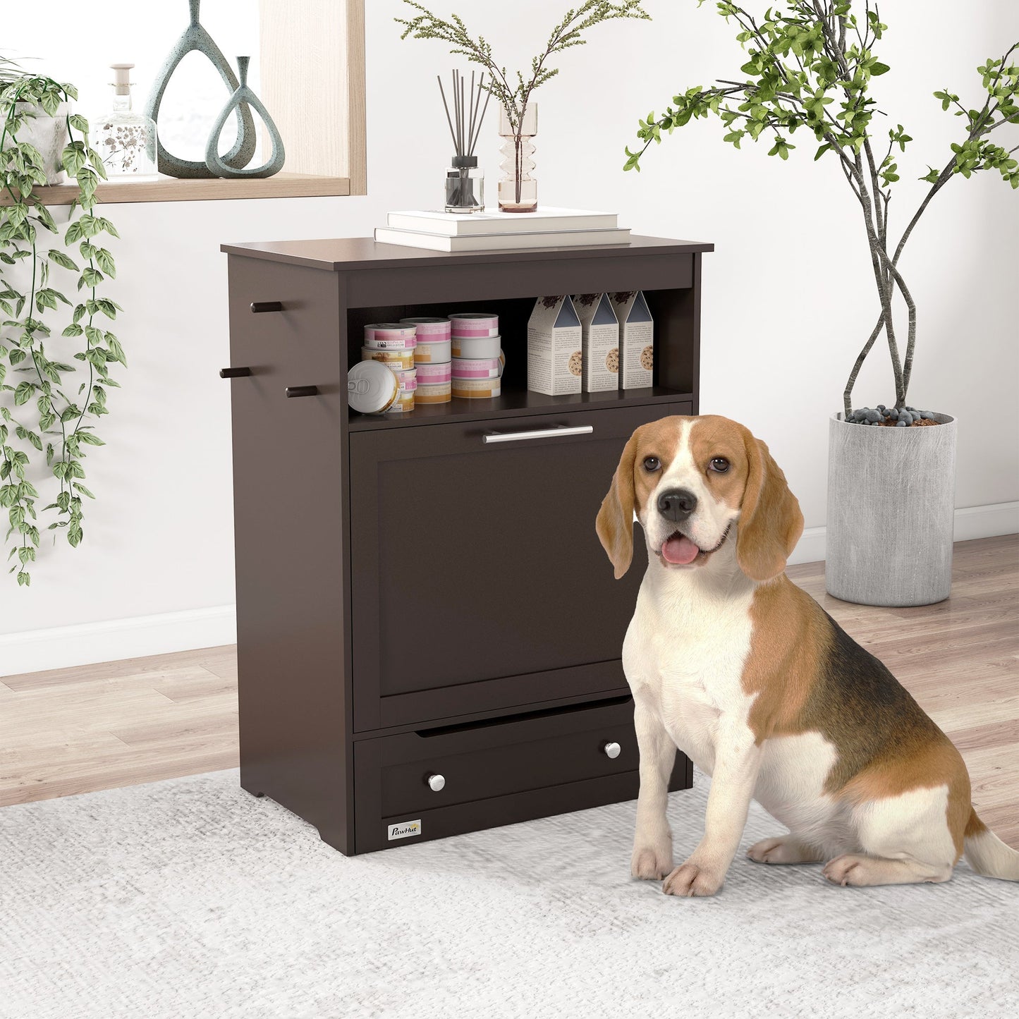 Cat Dog Feeding Station, Dog Food Storage Cabinet, Pet Feeder Container with Raised Bowls and Hanger for Feeding & Watering Supplies, Coffee
