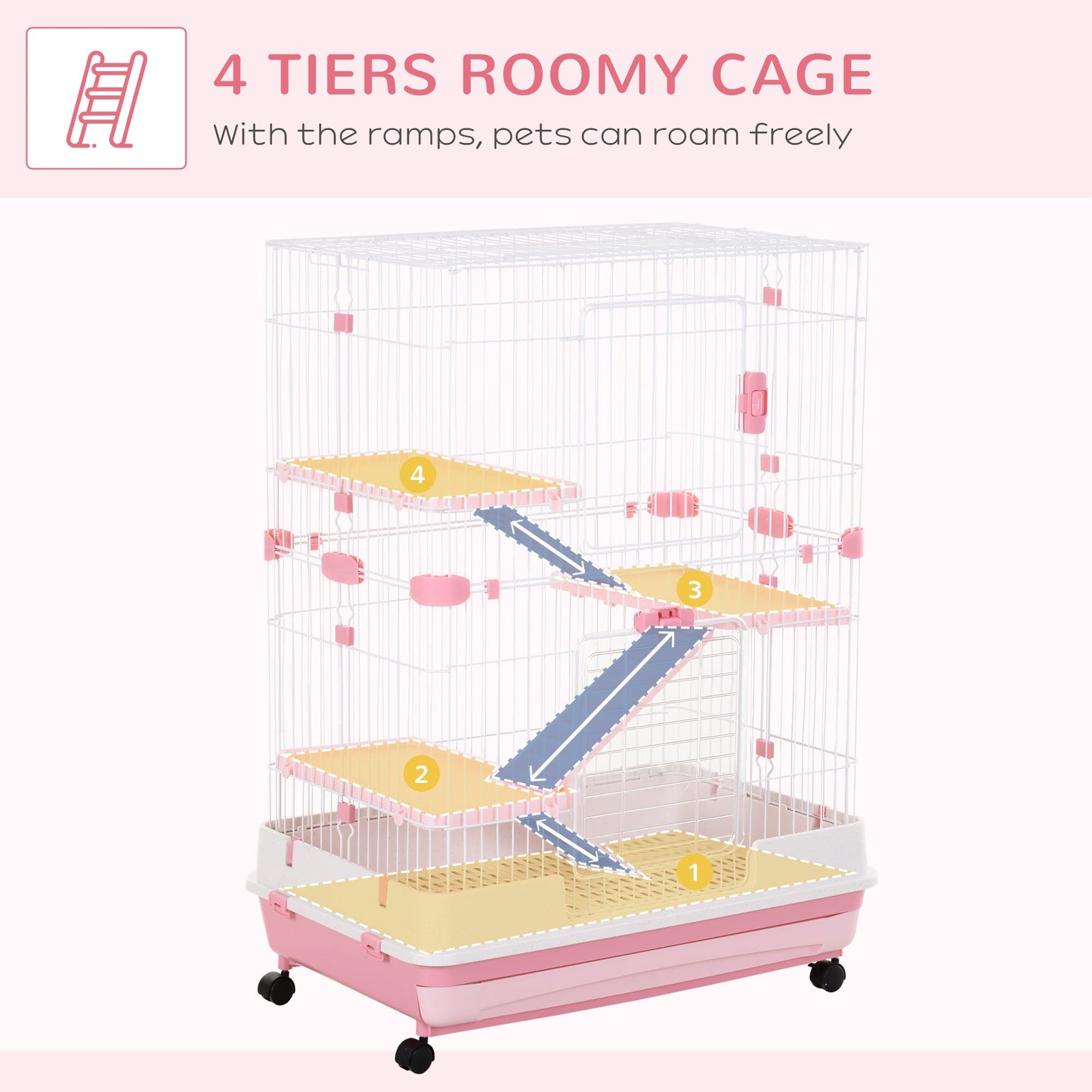 45"H 4-Level Small Animal Cage Rabbit Hutch with Universal Lockable Wheels, Slide-Out Tray for Bunny, Chinchillas, Ferret, Pink