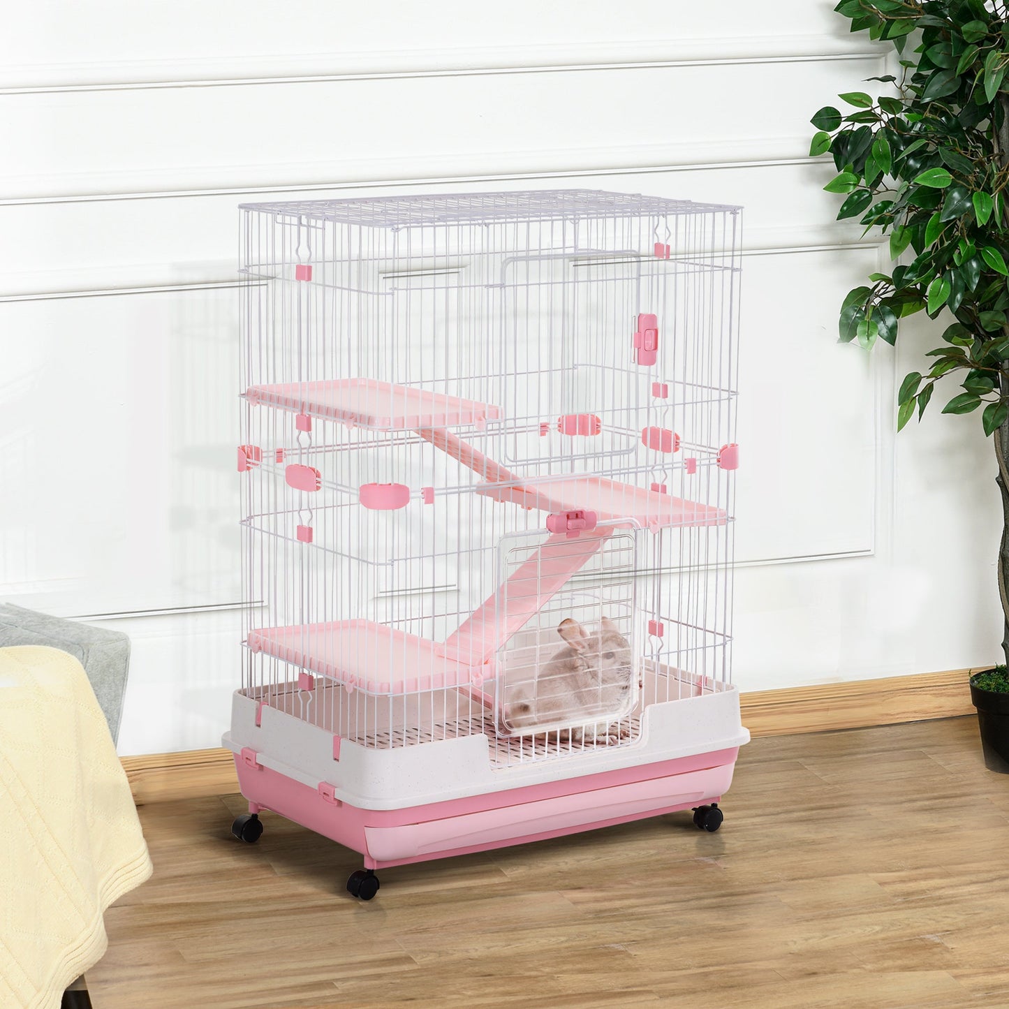 45"H 4-Level Small Animal Cage Rabbit Hutch with Universal Lockable Wheels, Slide-Out Tray for Bunny, Chinchillas, Ferret, Pink