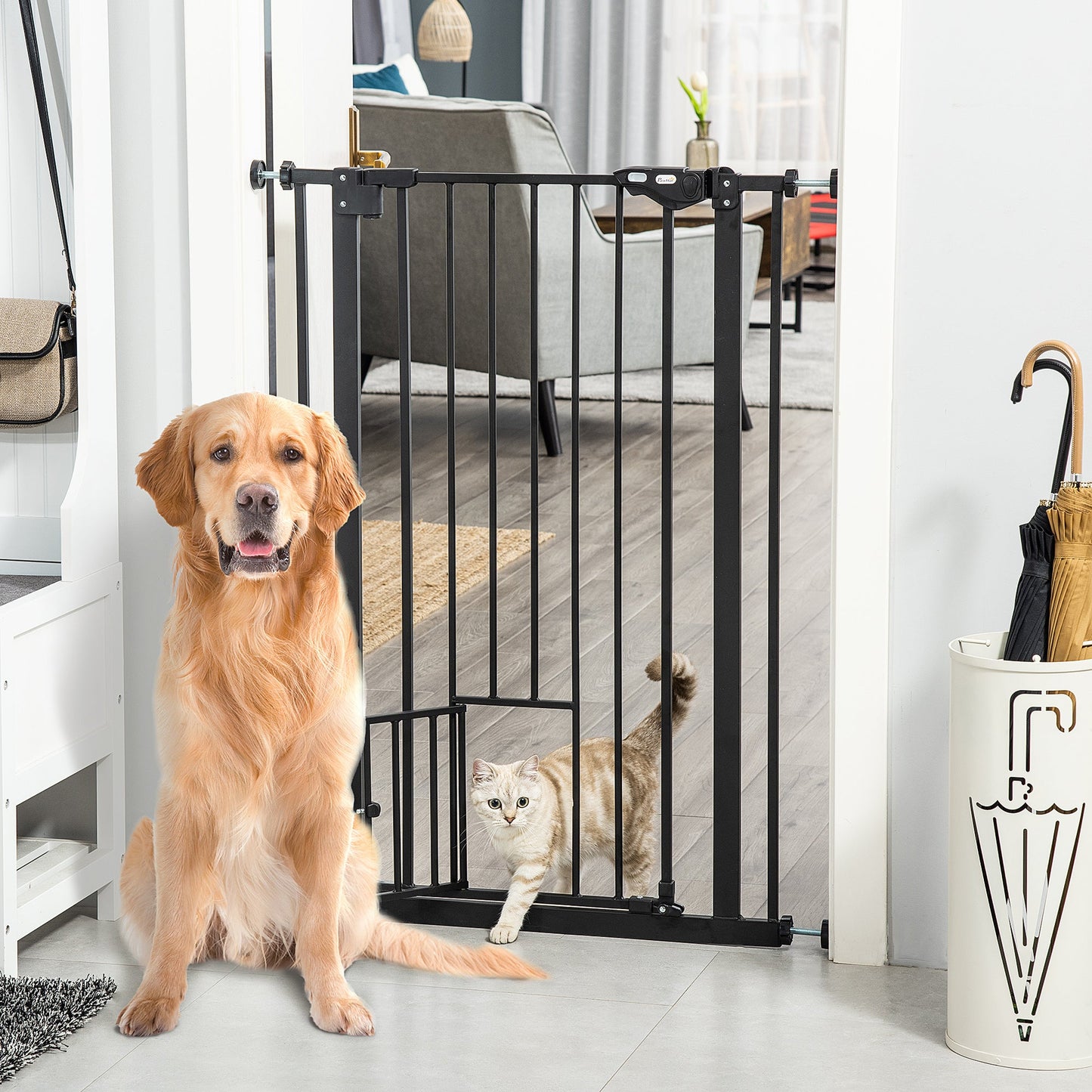 41"H Dog Gate with Cat Door, Pet Gate with Small Door, Easy Open Indoor Dog Gates for Doorways, House, Stair, 29"-32" Long, Black
