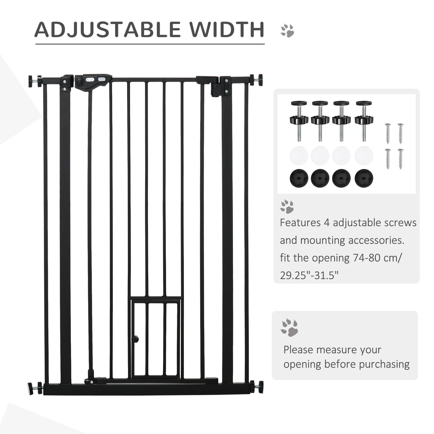 41"H Dog Gate with Cat Door, Pet Gate with Small Door, Easy Open Indoor Dog Gates for Doorways, House, Stair, 29"-32" Long, Black