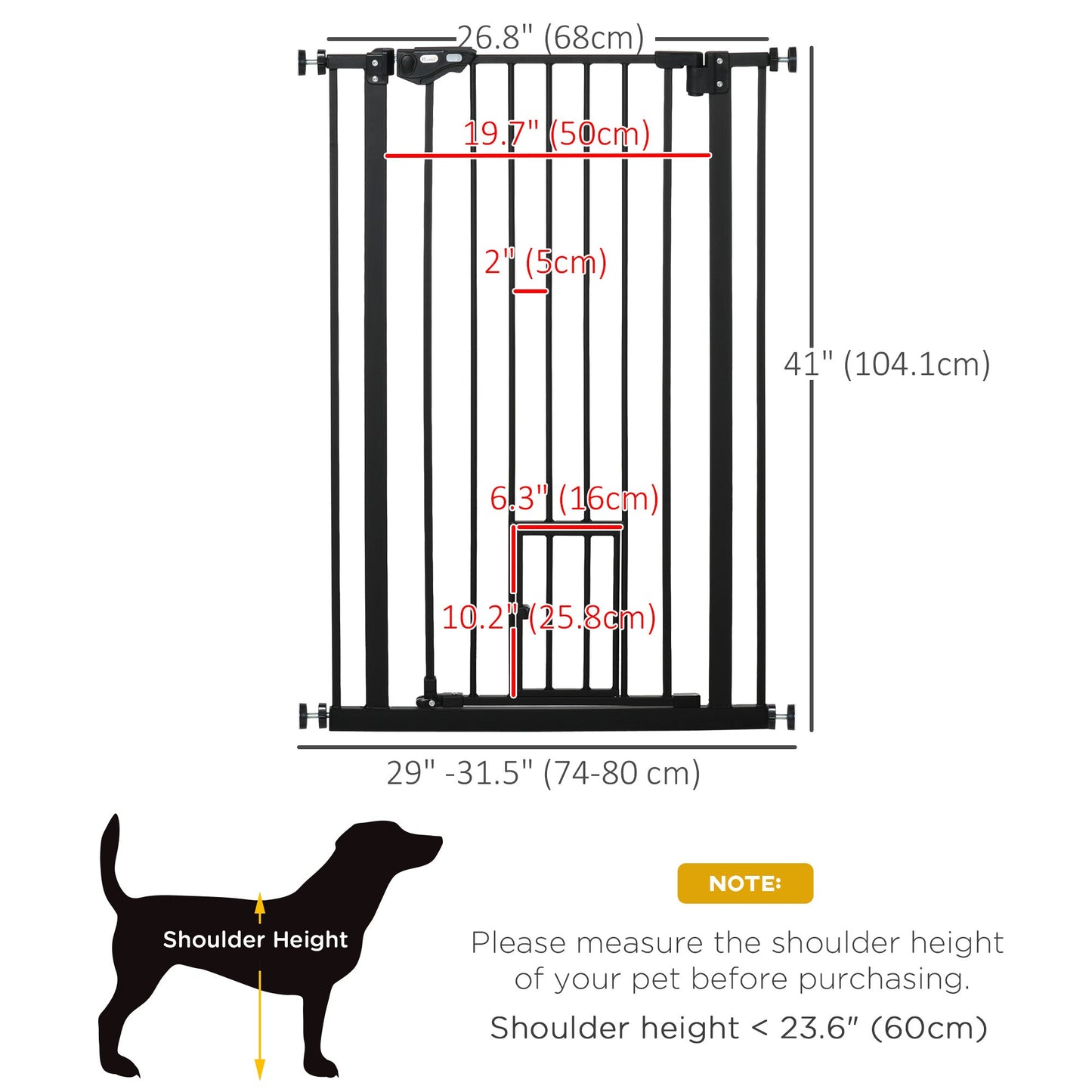 41"H Dog Gate with Cat Door, Pet Gate with Small Door, Easy Open Indoor Dog Gates for Doorways, House, Stair, 29"-32" Long, Black