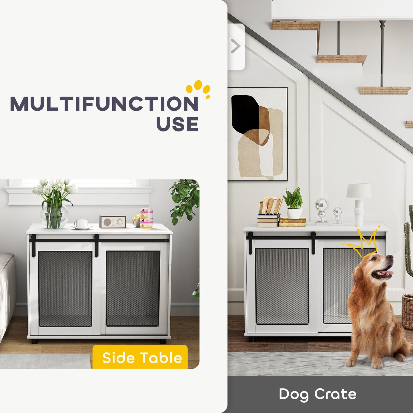 Dog Crate Furniture, 39" Dog Kennel End Table with Sliding Barn Door, Furniture Style Dog Cage for Large Dogs, White