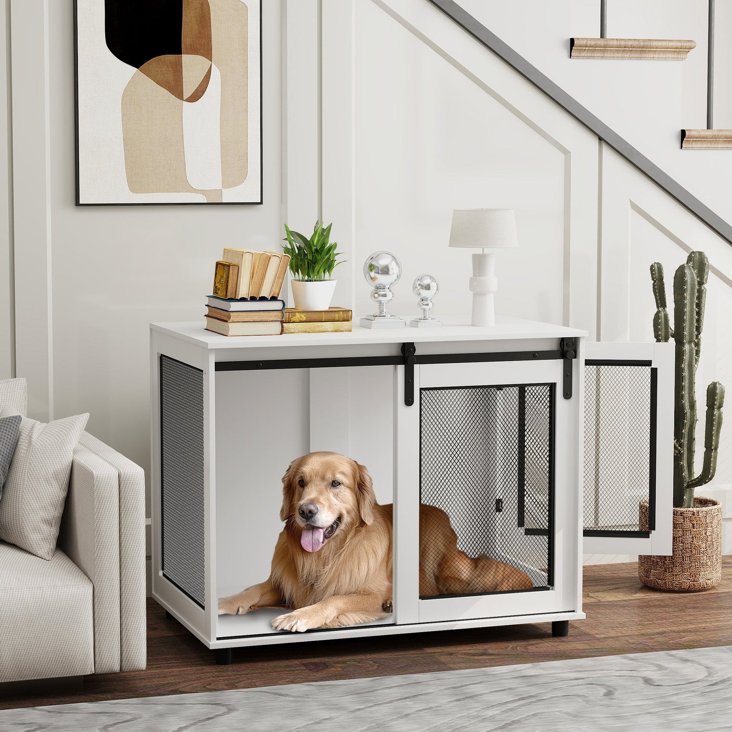 Dog Crate Furniture, 39" Dog Kennel End Table with Sliding Barn Door, Furniture Style Dog Cage for Large Dogs, White