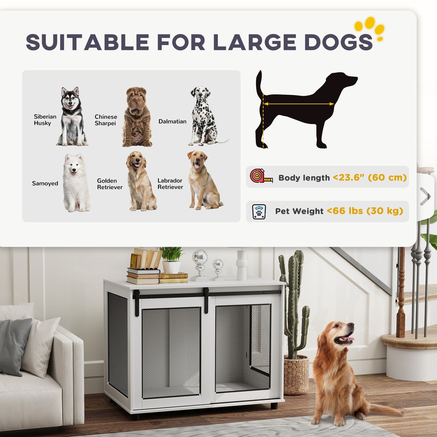 Dog Crate Furniture, 39" Dog Kennel End Table with Sliding Barn Door, Furniture Style Dog Cage for Large Dogs, White