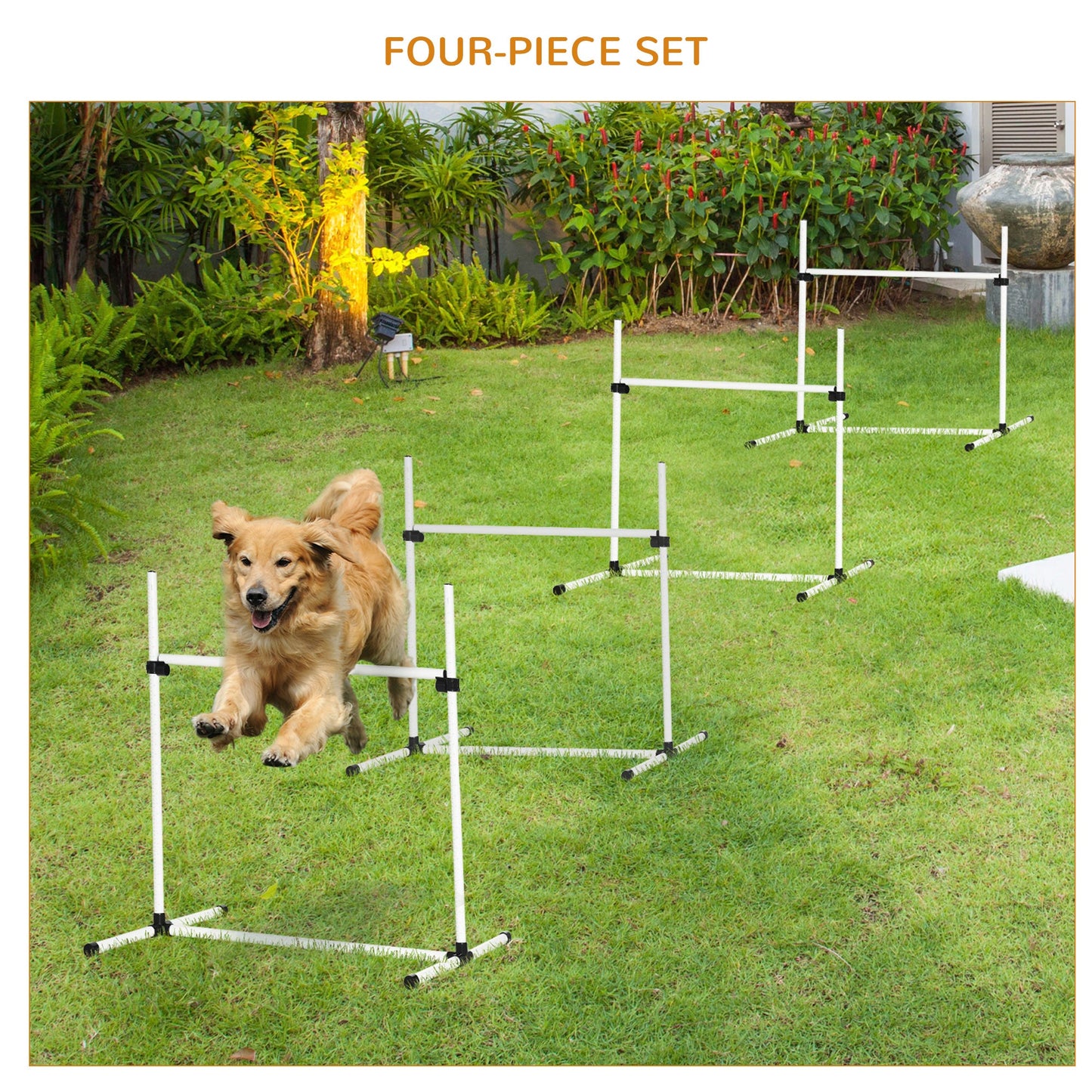 Large Size Dog Agility Training Equipment 4.5KG Net Wight, 4 PCS Adjustable Height Jump Bars, Obstacle Course Starter Kit for Large Medium Small Dog Puppy, White