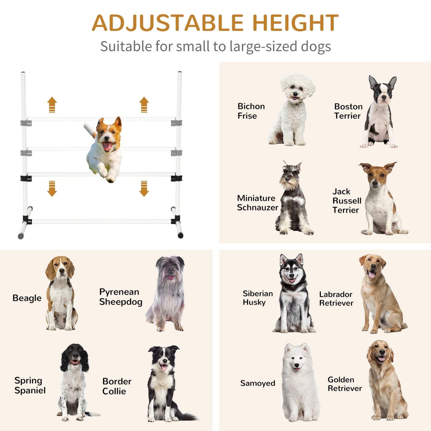 Large Size Dog Agility Training Equipment 4.5KG Net Wight, 4 PCS Adjustable Height Jump Bars, Obstacle Course Starter Kit for Large Medium Small Dog Puppy, White