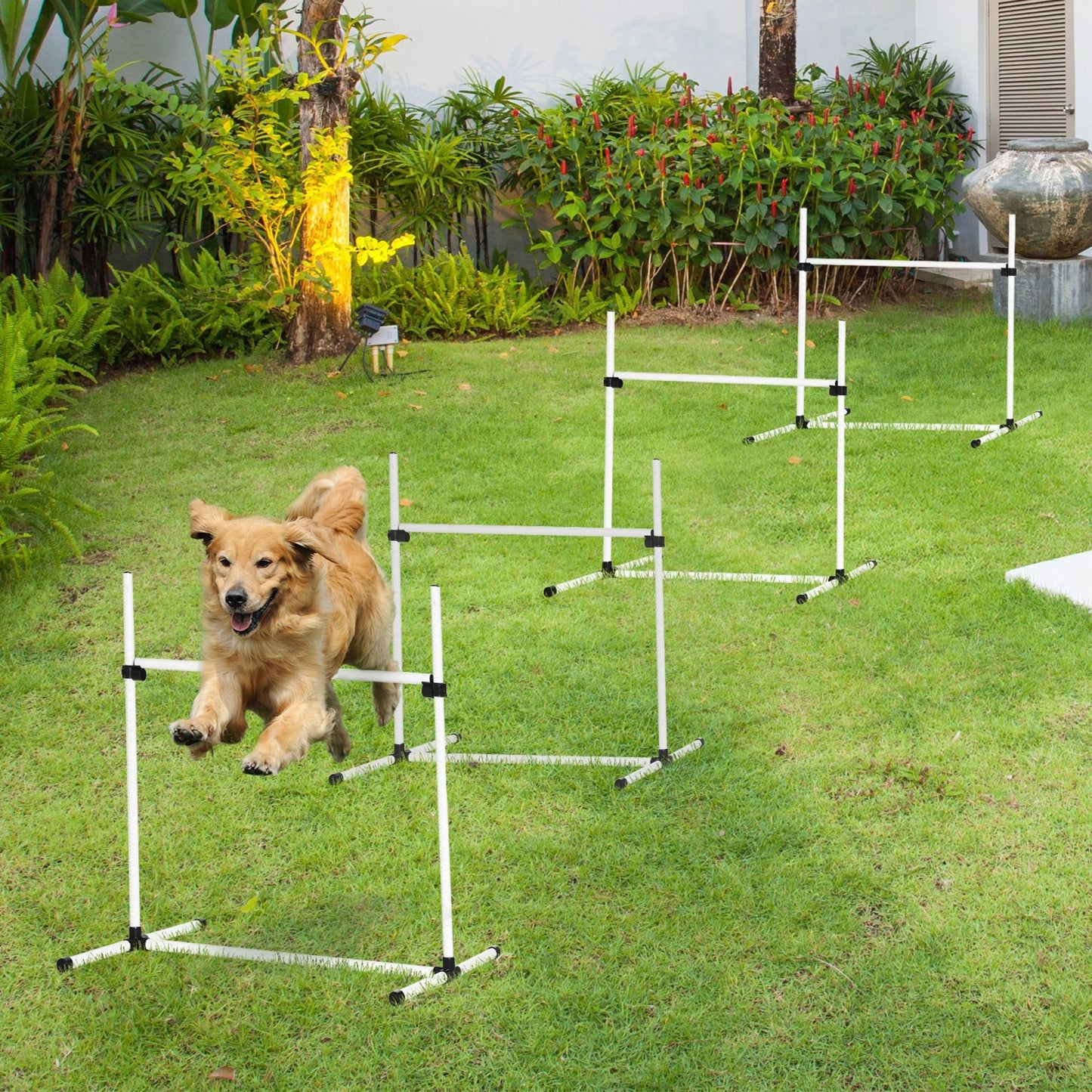 Large Size Dog Agility Training Equipment 4.5KG Net Wight, 4 PCS Adjustable Height Jump Bars, Obstacle Course Starter Kit for Large Medium Small Dog Puppy, White