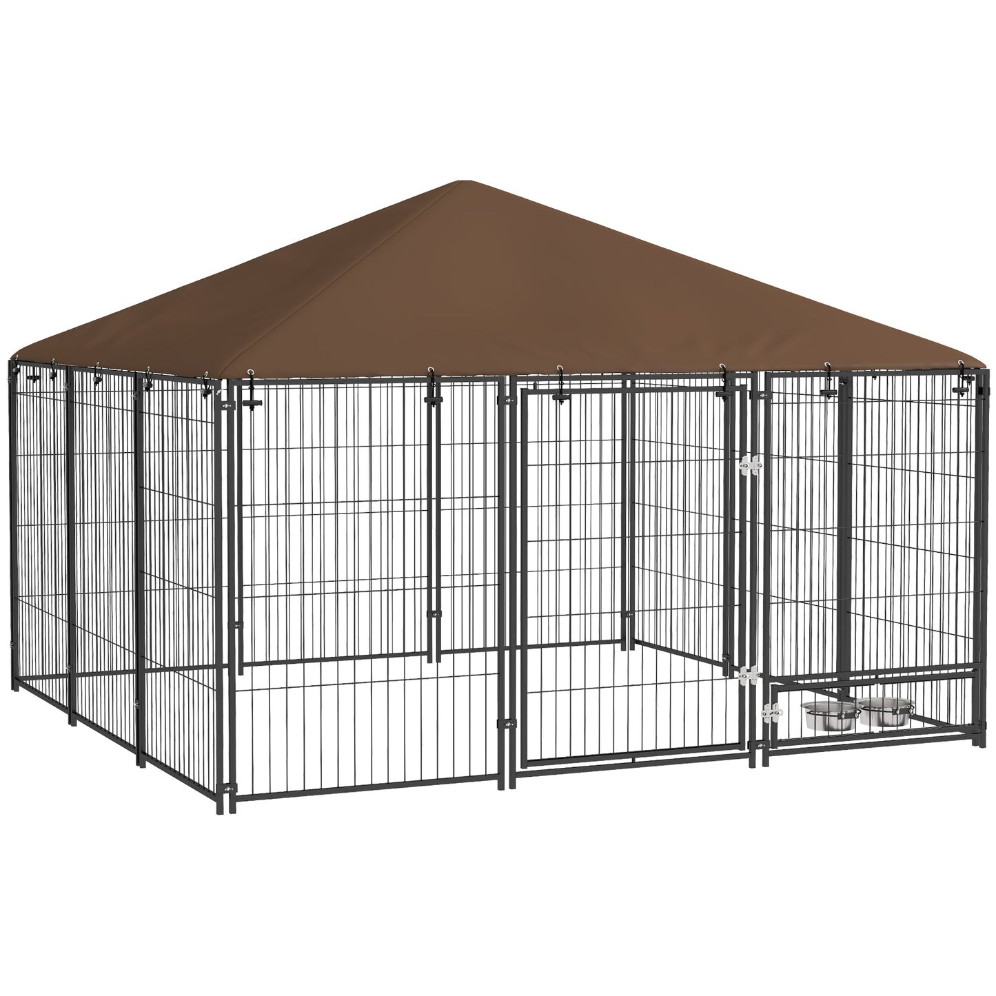 Large Dog Run, 6.9' x 6.9' x 5' Outdoor Dog Kennel with Canopy, Rotating Bowls, Door for Backyard & Garden, Coffee