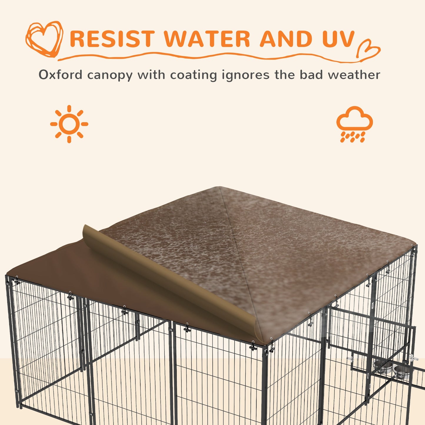 Large Dog Run, 6.9' x 6.9' x 5' Outdoor Dog Kennel with Canopy, Rotating Bowls, Door for Backyard & Garden, Coffee