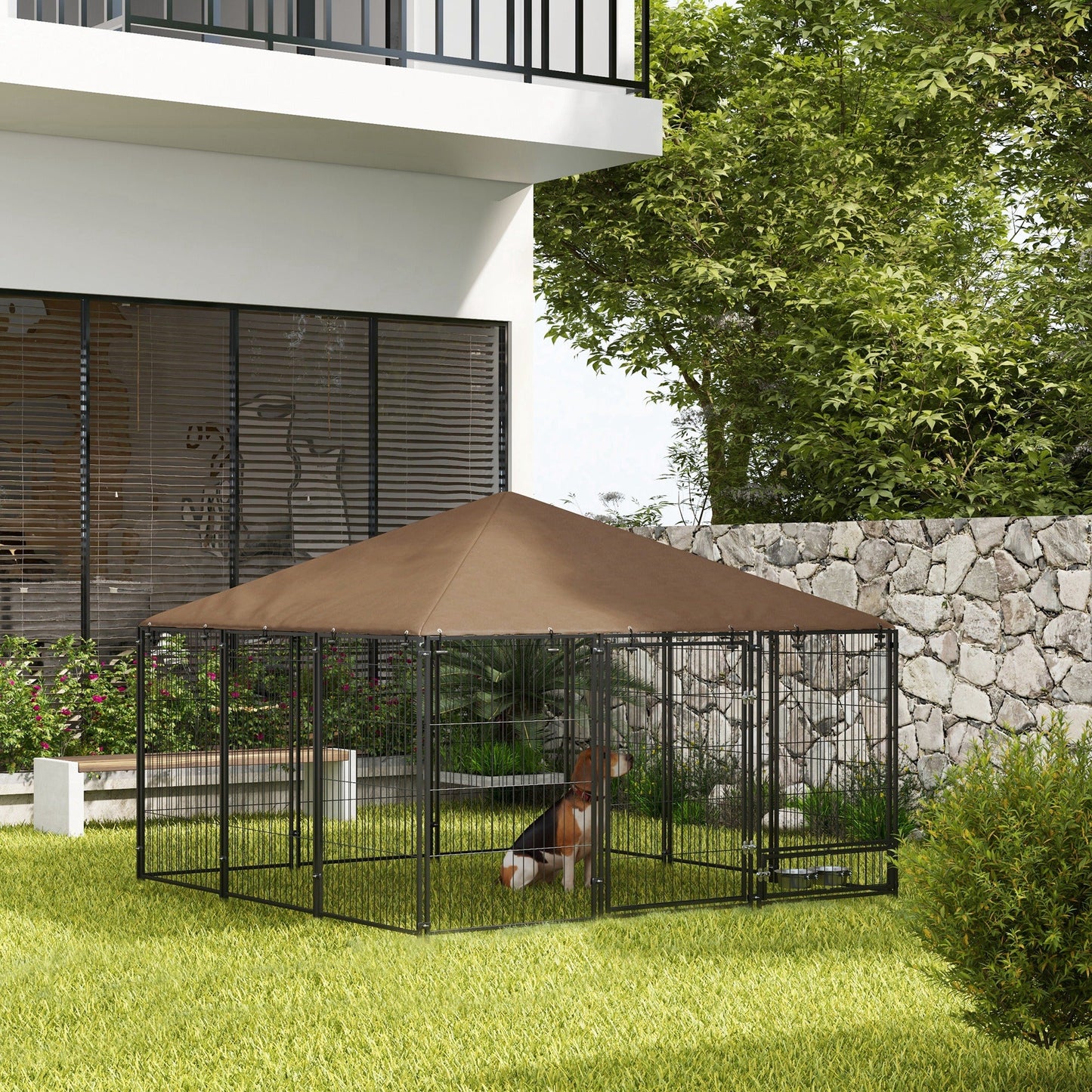 Large Dog Run, 6.9' x 6.9' x 5' Outdoor Dog Kennel with Canopy, Rotating Bowls, Door for Backyard & Garden, Coffee