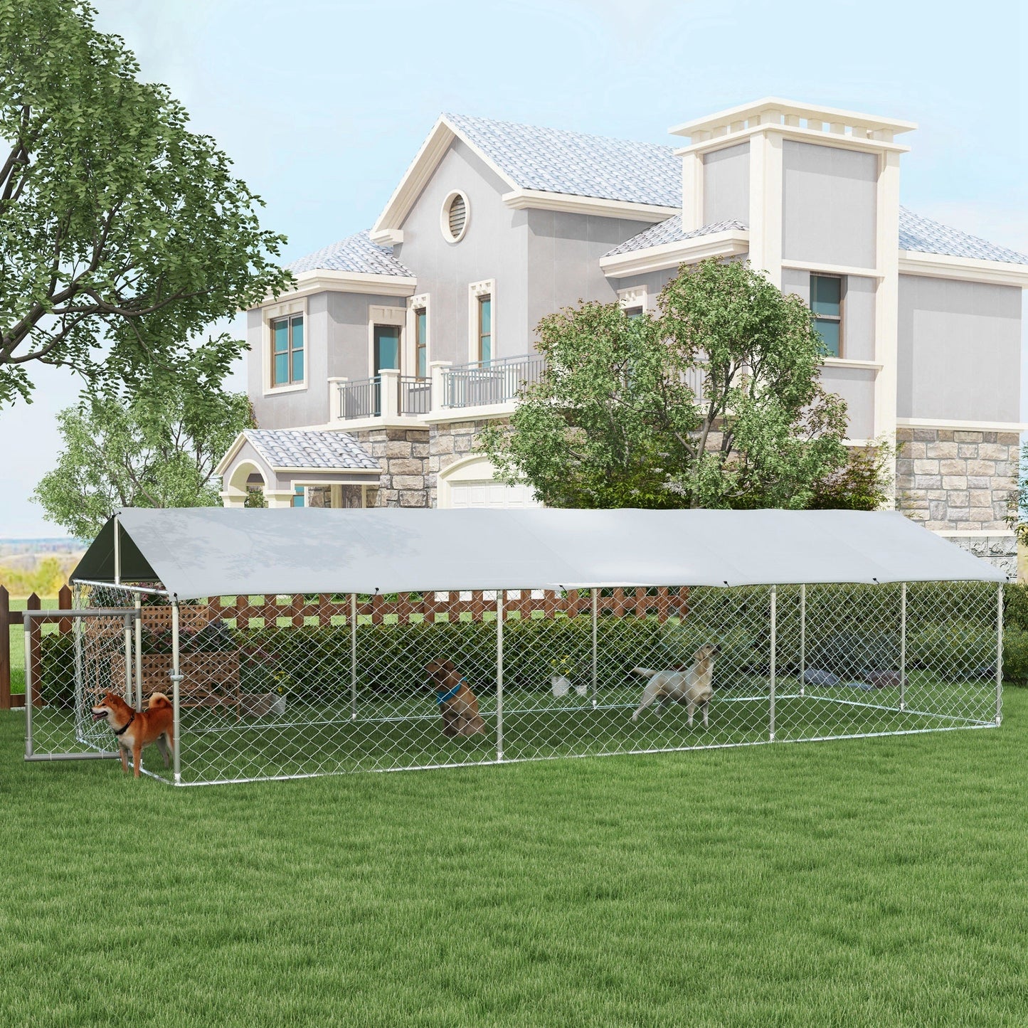 Outdoor Dog Kennel Dog Run with Waterproof, UV Resistant Cover for Medium and Large Sized Dogs, 19.7' x 7.5' x 4.9', Silver