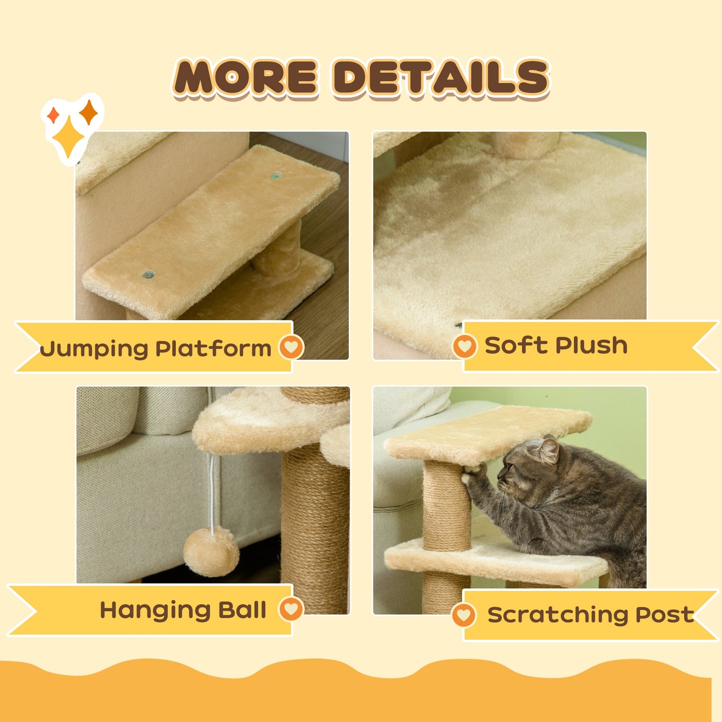 Adjustable Height Cat Stairs with Jute Scratching Posts, Cat House for Cozy Rest, Pet Steps for Couch Sofa and High Bed with Hanging Ball, Front Hole, Platform, Beige