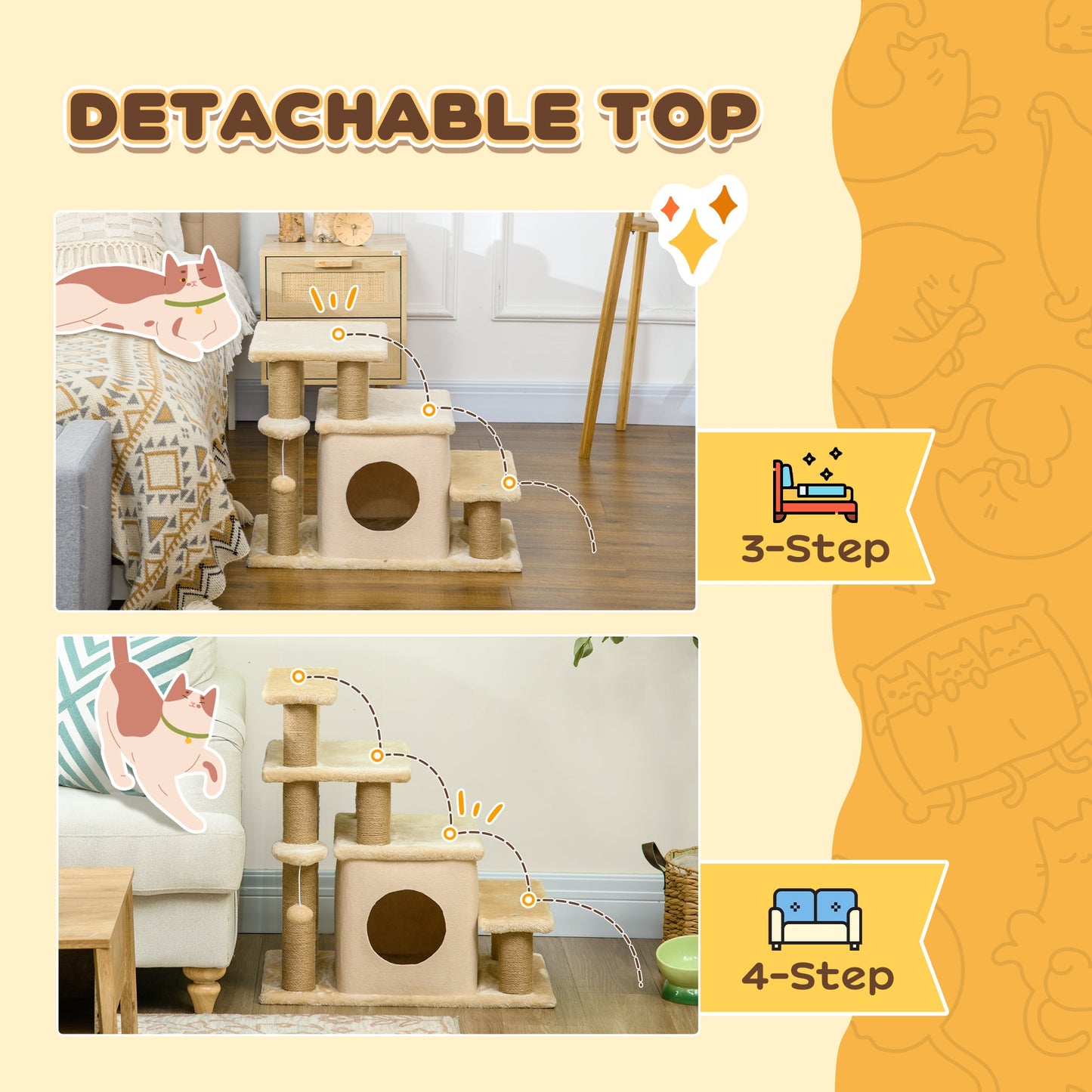 Adjustable Height Cat Stairs with Jute Scratching Posts, Cat House for Cozy Rest, Pet Steps for Couch Sofa and High Bed with Hanging Ball, Front Hole, Platform, Beige