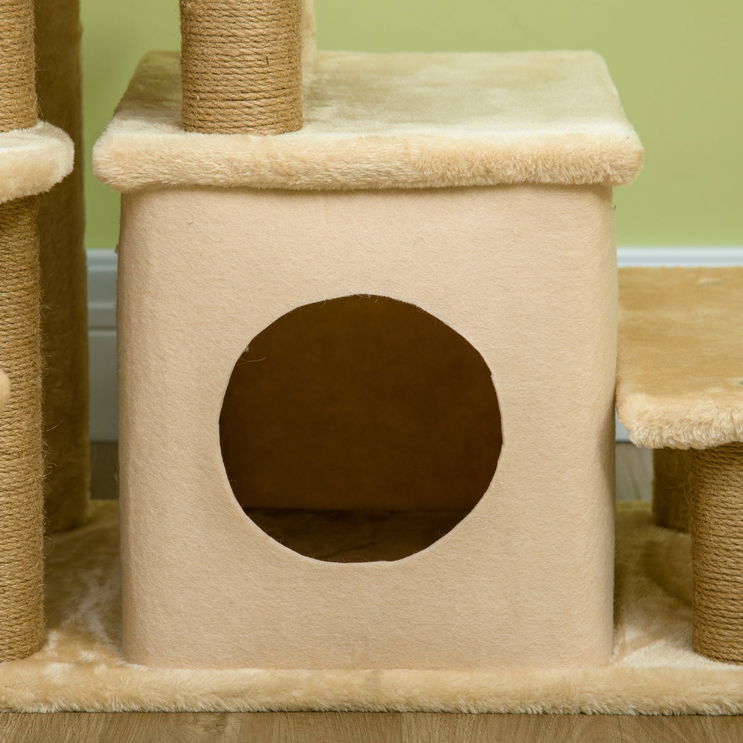 Adjustable Height Cat Stairs with Jute Scratching Posts, Cat House for Cozy Rest, Pet Steps for Couch Sofa and High Bed with Hanging Ball, Front Hole, Platform, Beige