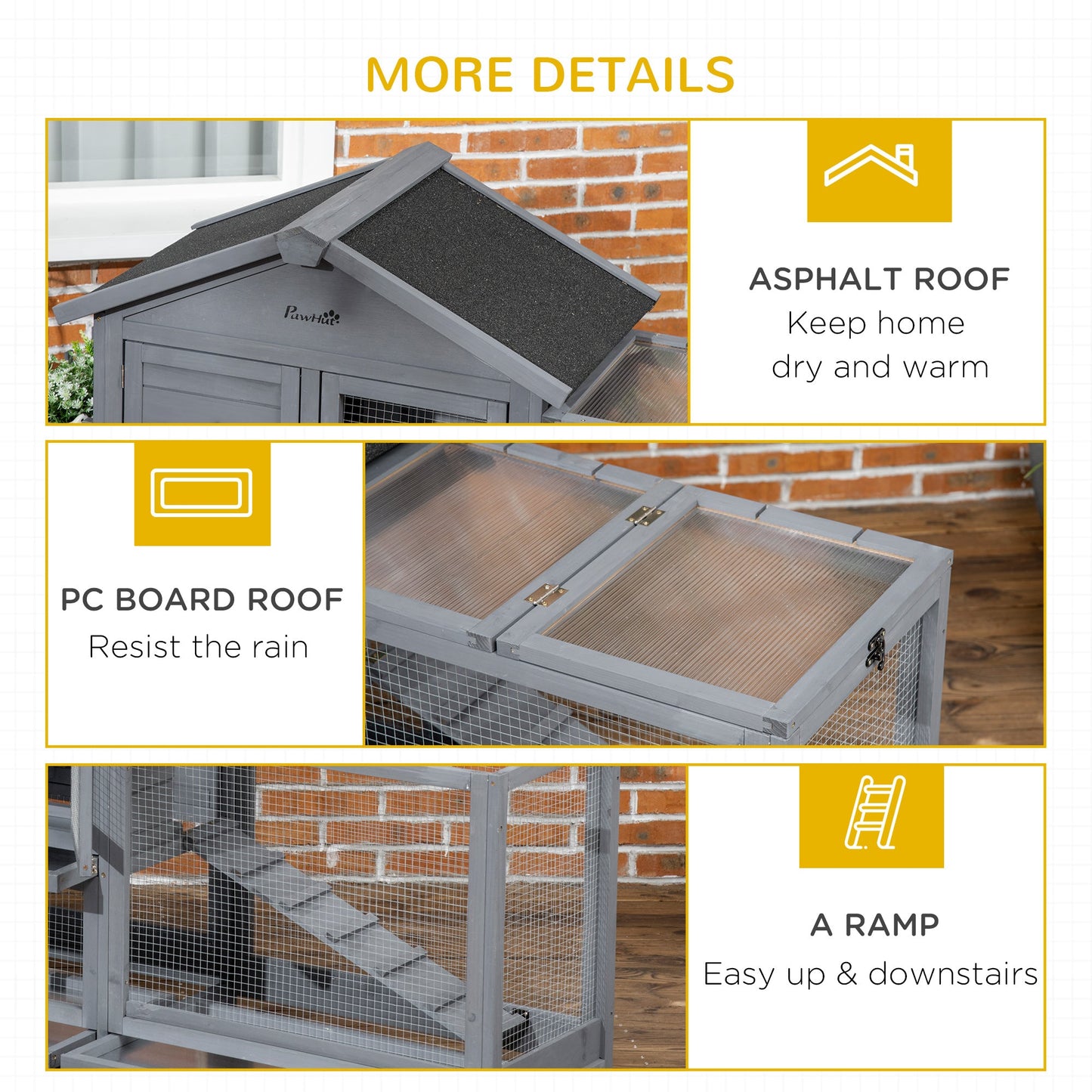 65" Wooden Rabbit Hutch, Pet Playpen with Openable Roof, Bunny House Enclosure with Storage Box, Slide-out Tray, Ramp, for Rabbits and Small Animals, Dark Grey