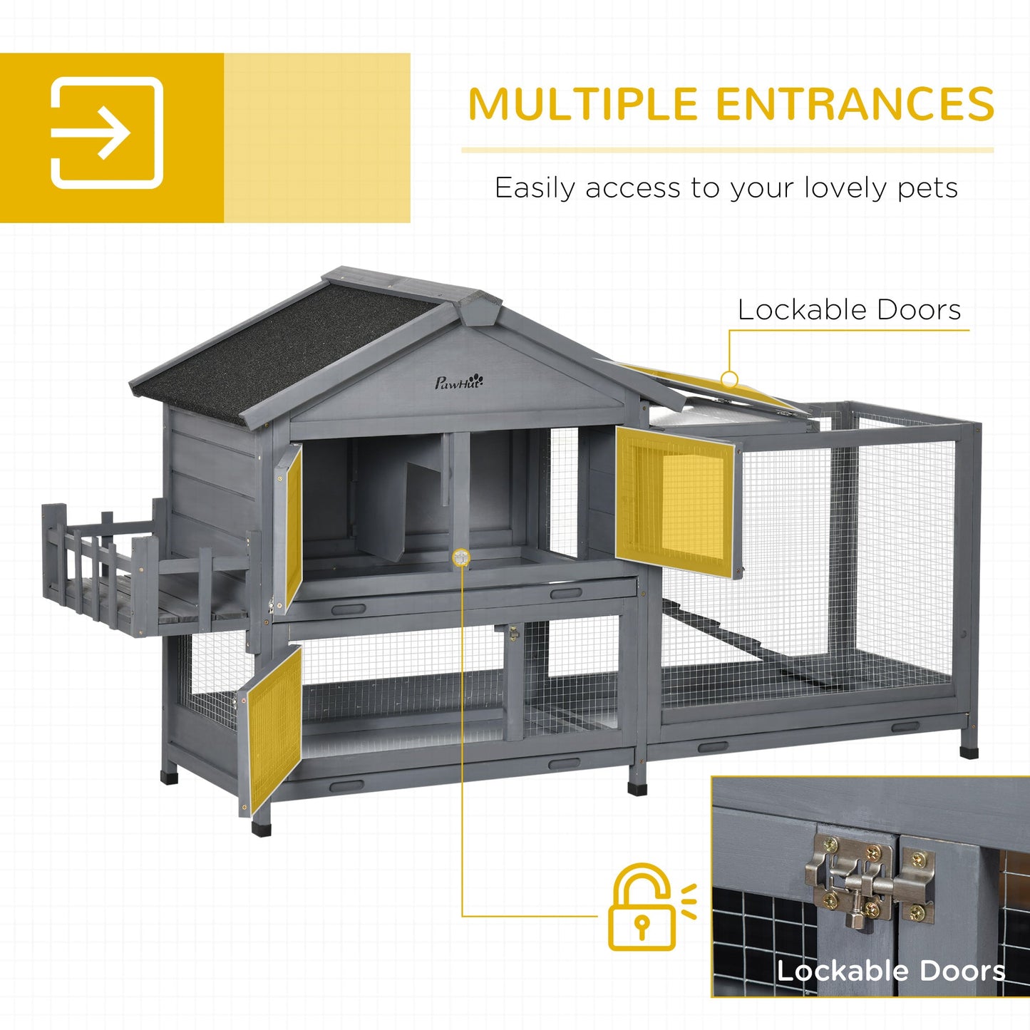 65" Wooden Rabbit Hutch, Pet Playpen with Openable Roof, Bunny House Enclosure with Storage Box, Slide-out Tray, Ramp, for Rabbits and Small Animals, Dark Grey
