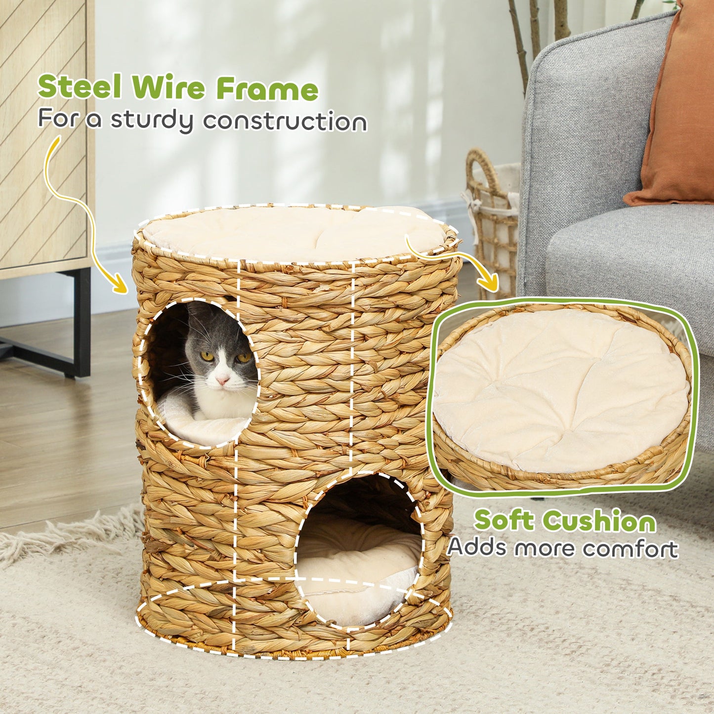 Cat Condo Barrel, 2-Storey Cat Tree Tower with Top Perch and 2 Hideaways, 2 Entrances, 3 Cushions, for Indoor Kittens, Light Brown